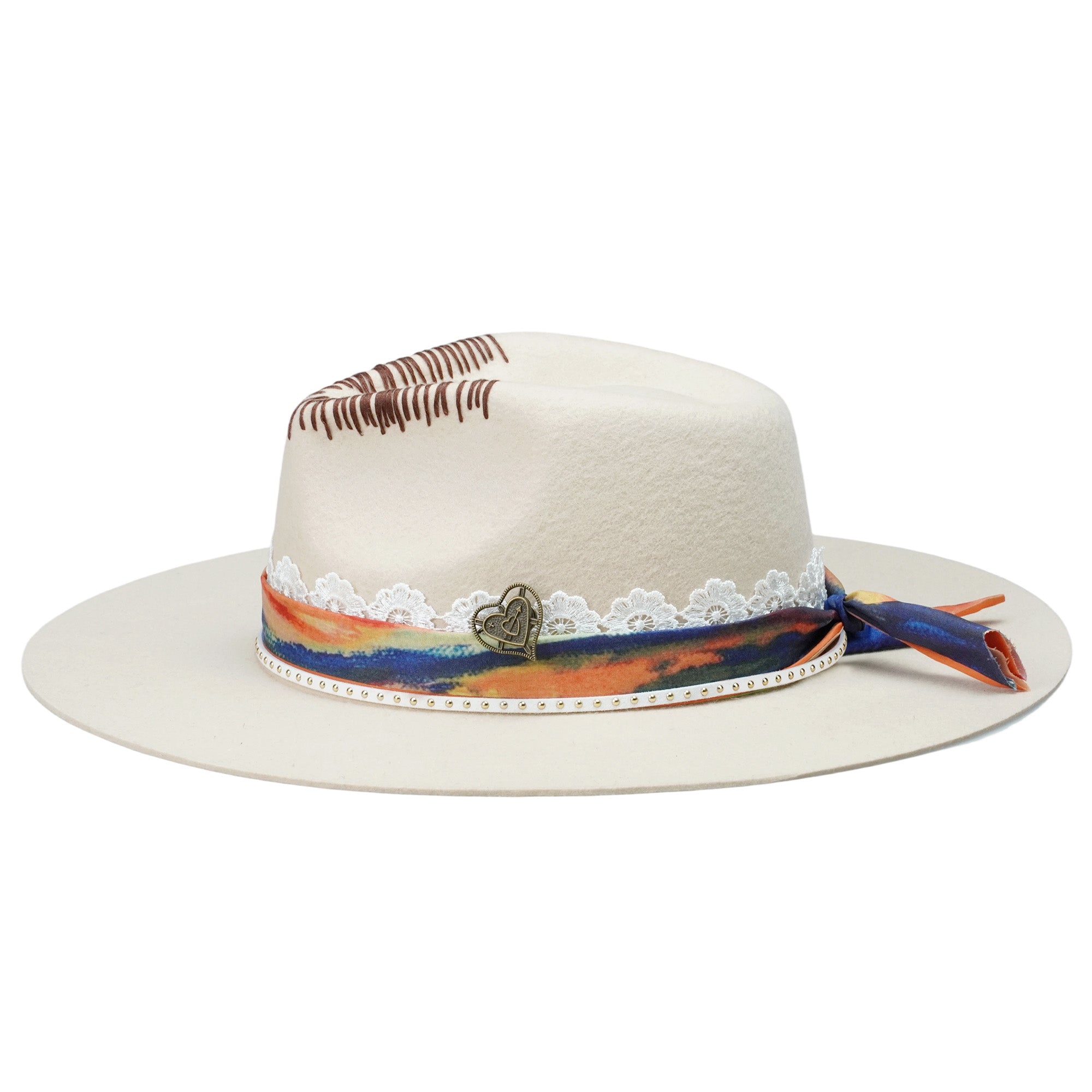 Off-White Felt Hat - Stitched Crown with Lace & Coppery Accent
