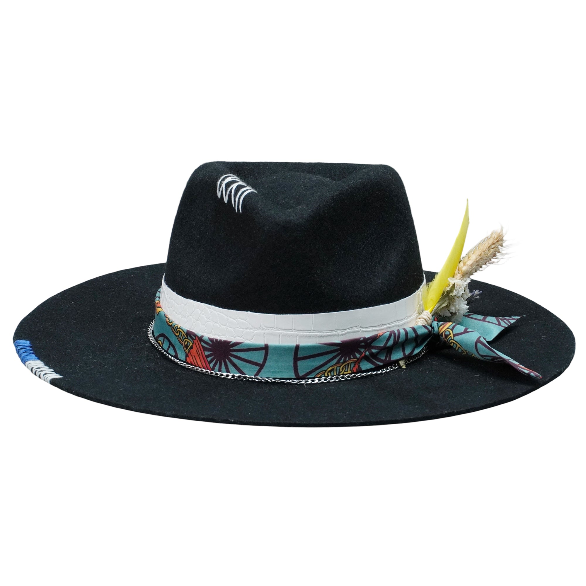 Black Straight Brim Felt Hat with Floral & Croc Band