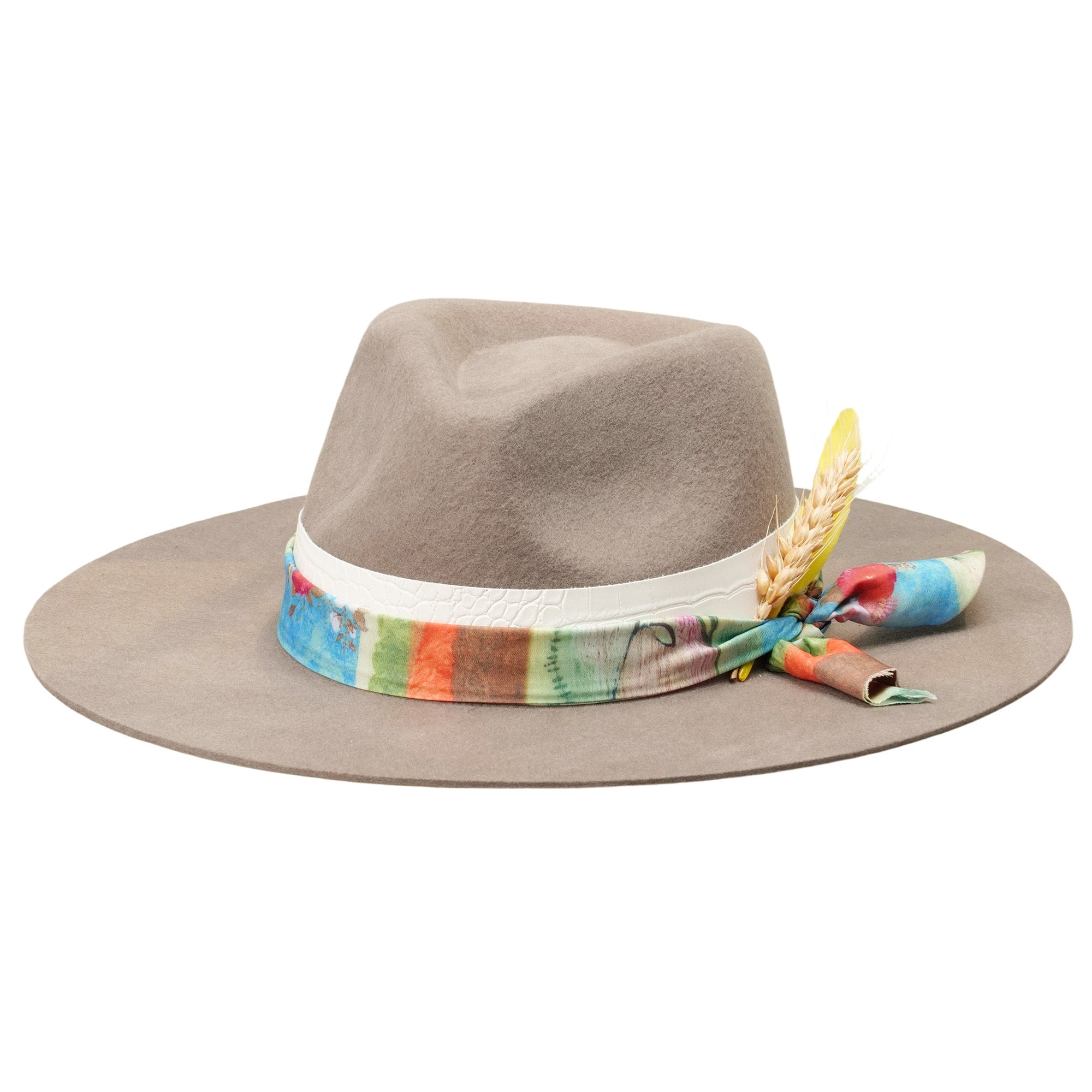 Camel Felt Hat - Custom Fabric with Wheat & Feathers