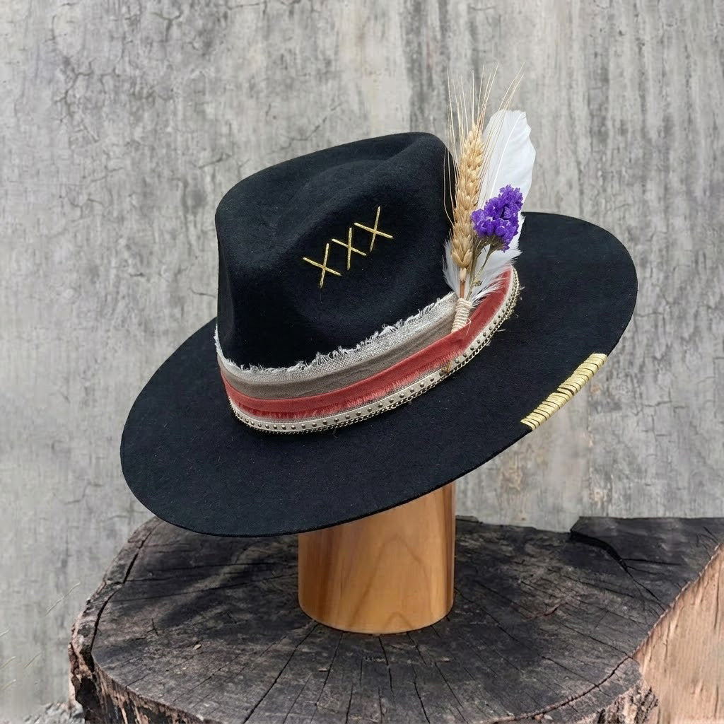 Black Felt Hat with Stitched Crown & Silver Chain Detail
