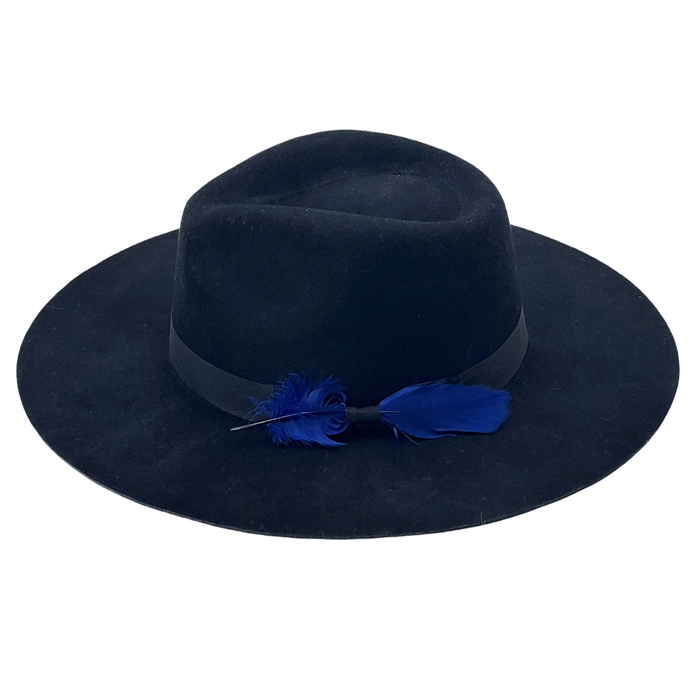 Midnight Black Flat-Brim – Blue Feather Accent