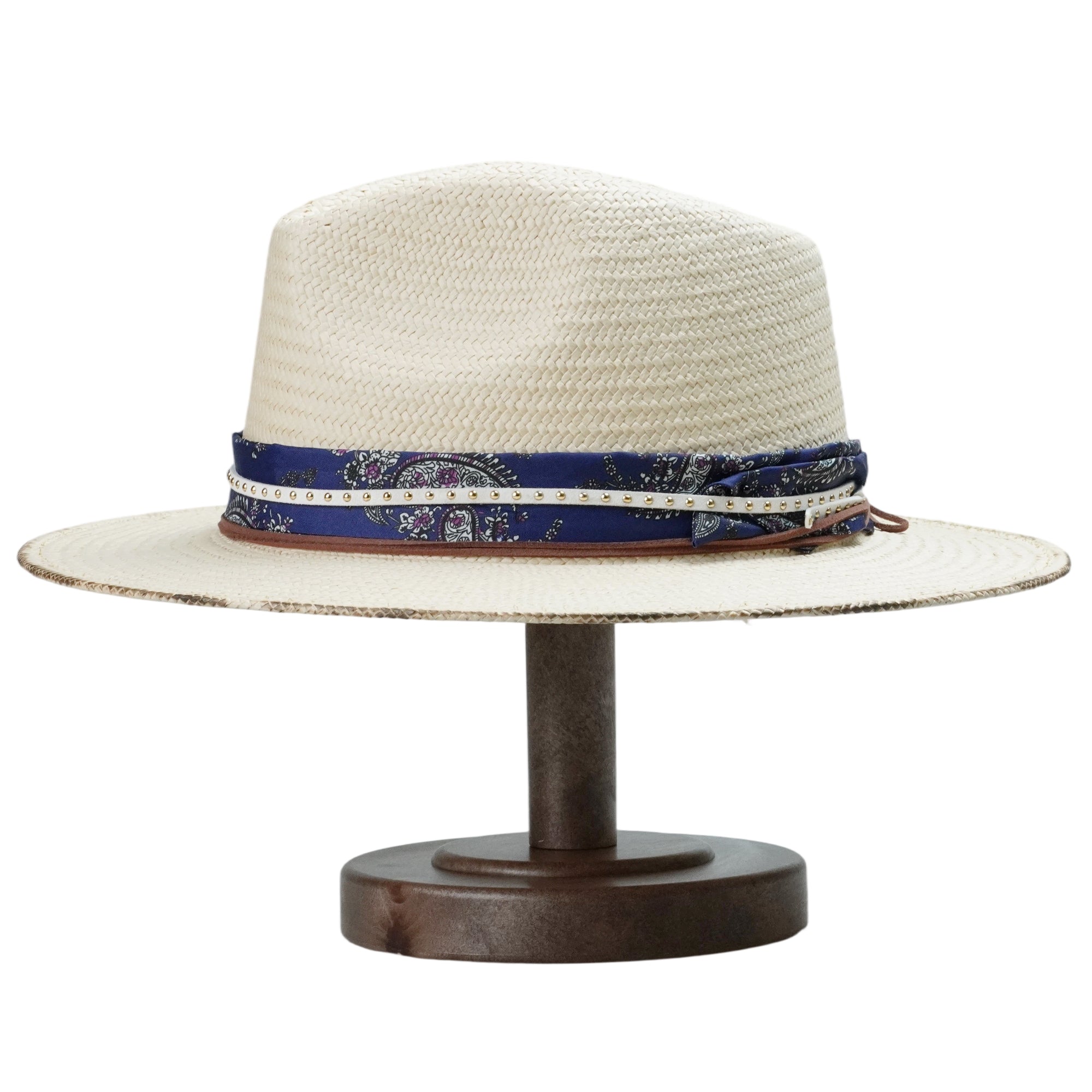 White Straw Hat with Printed Band & Thin Cords