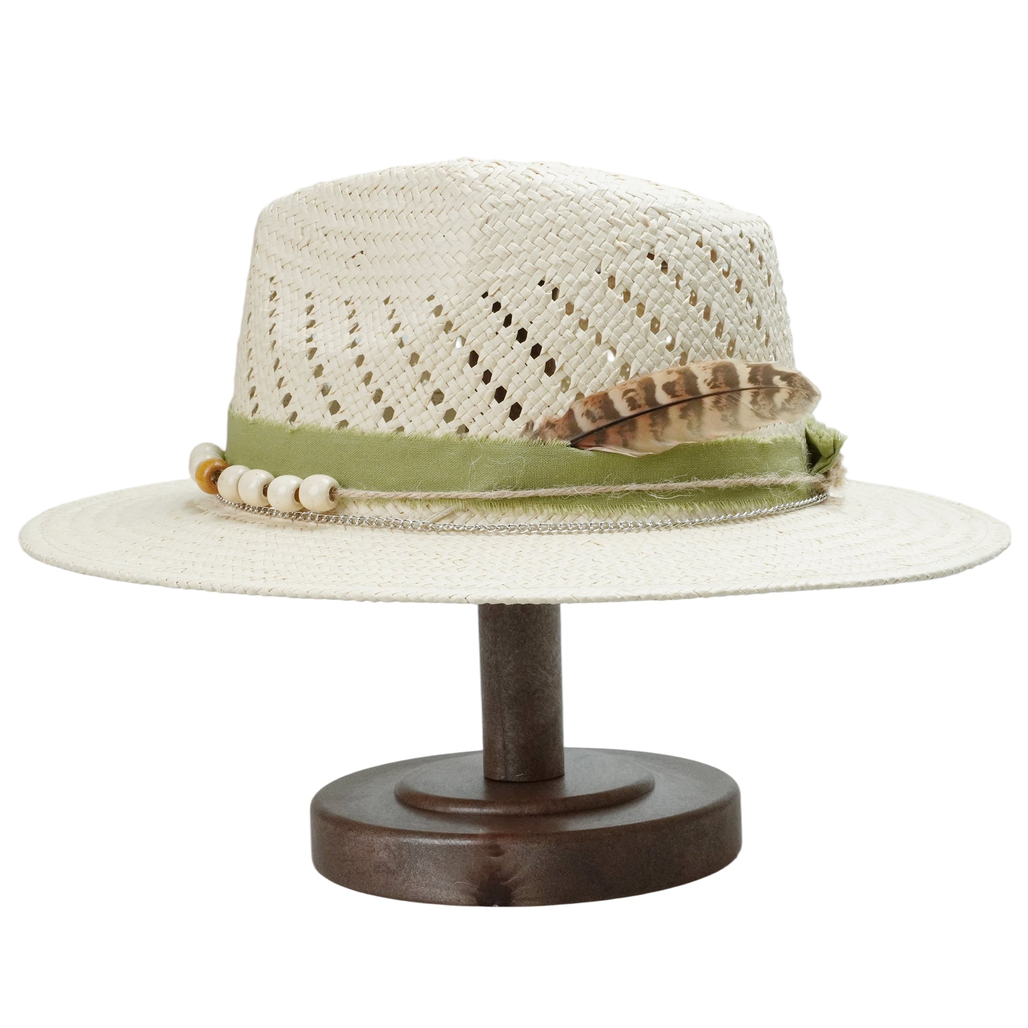 Off-White Straw Hat with Green Fabric Band & Silver Chain