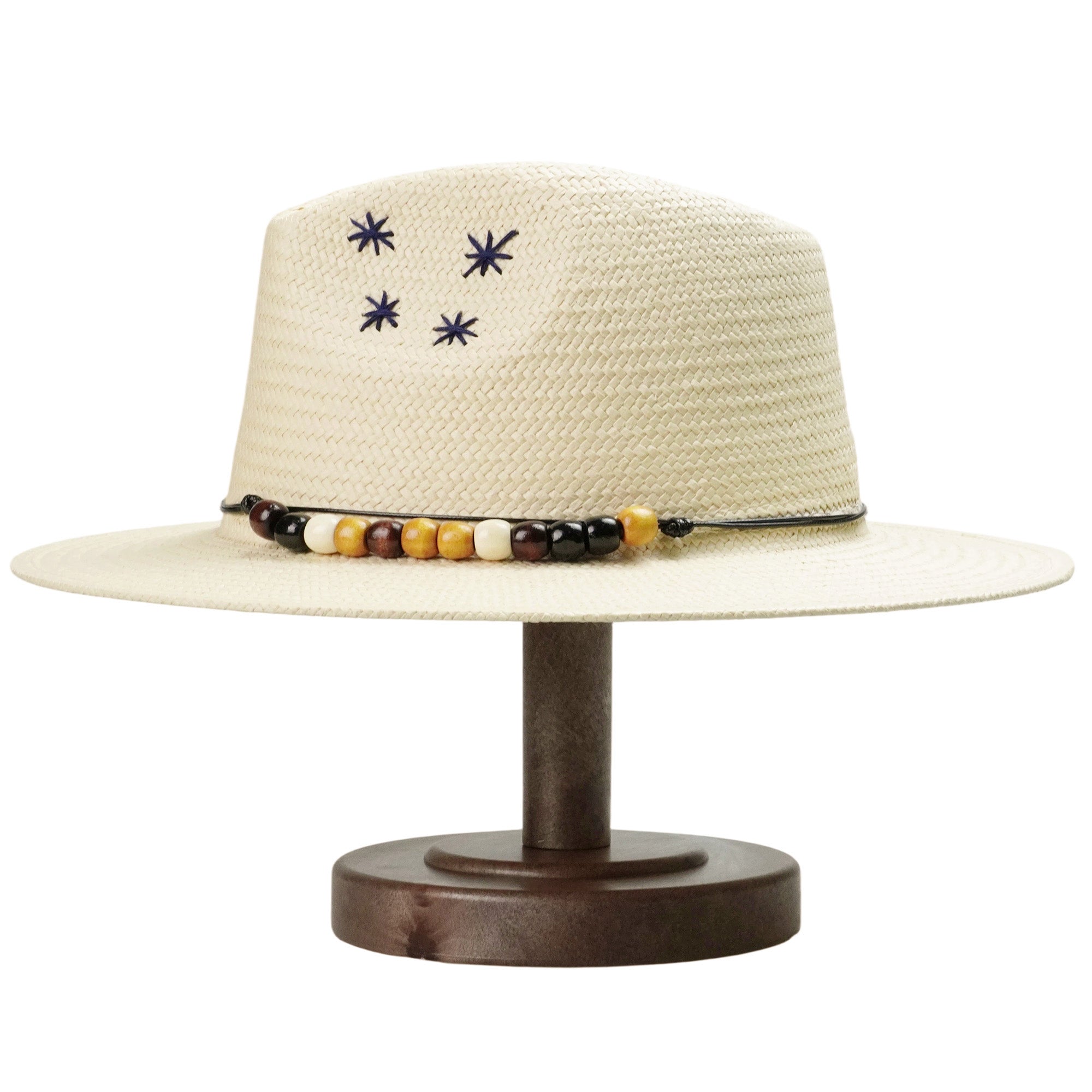 Beige Straw Hat with Colorful Beads & Star Stitching