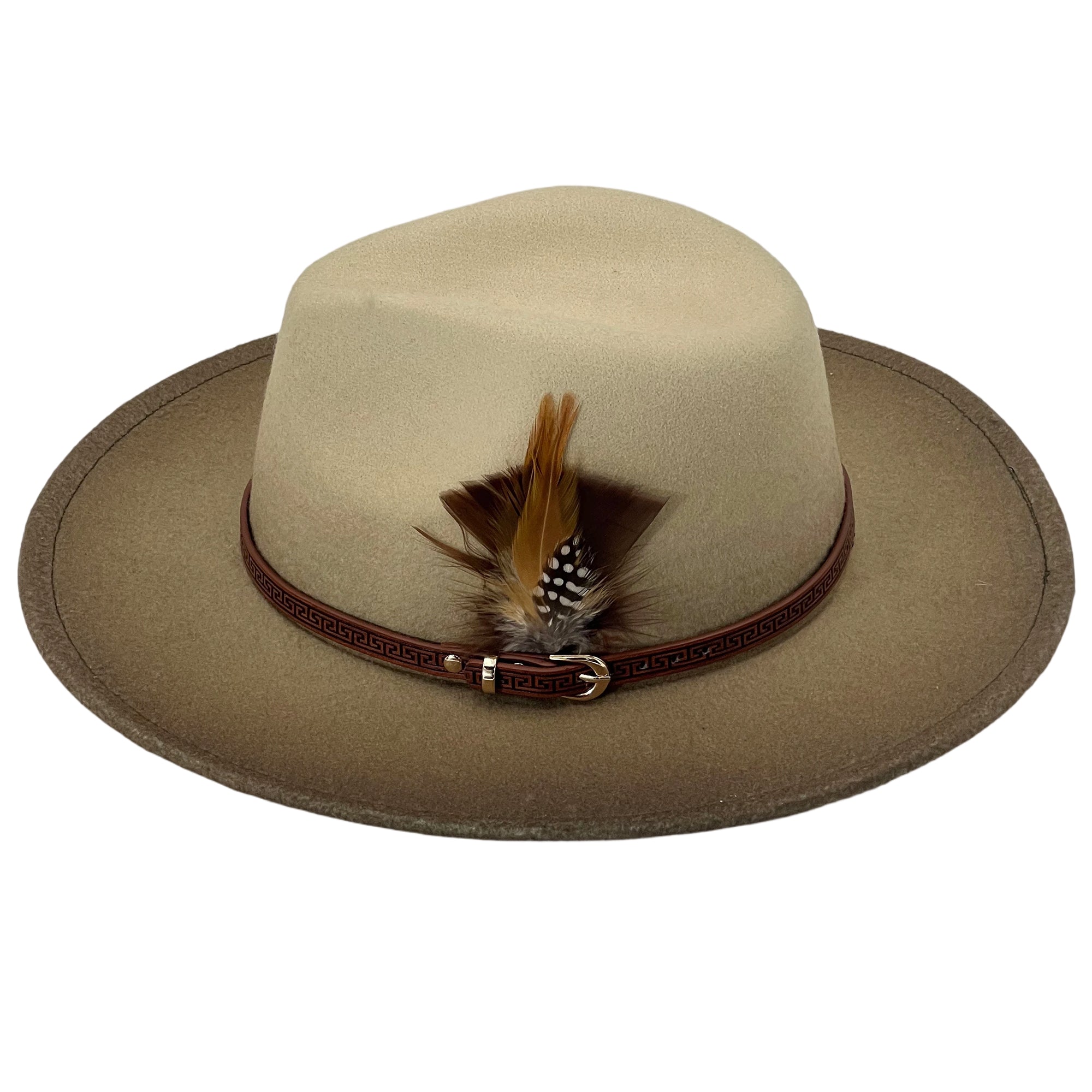 Ombre Beige Flat-Brim – Custom Leather Band & Feather