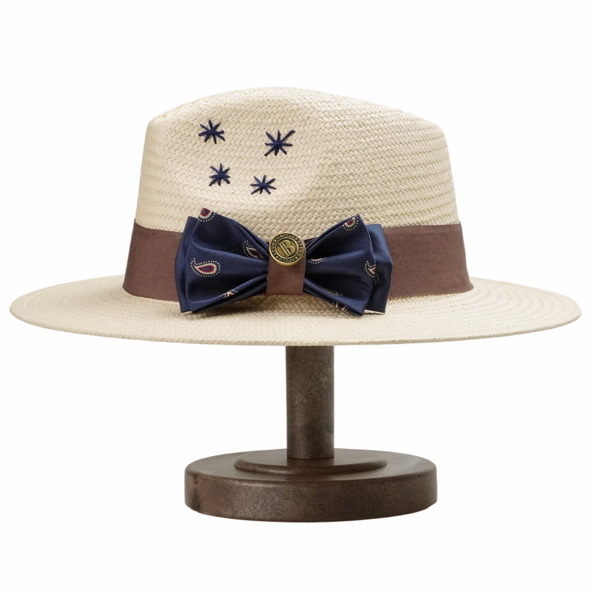 Beige Straw Hat with Delicate Bow & Star Stitching
