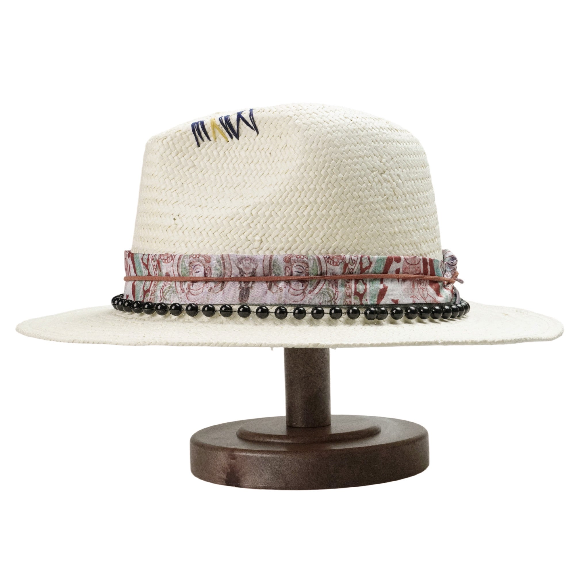 White Straw Hat with Printed Band & Black Beads