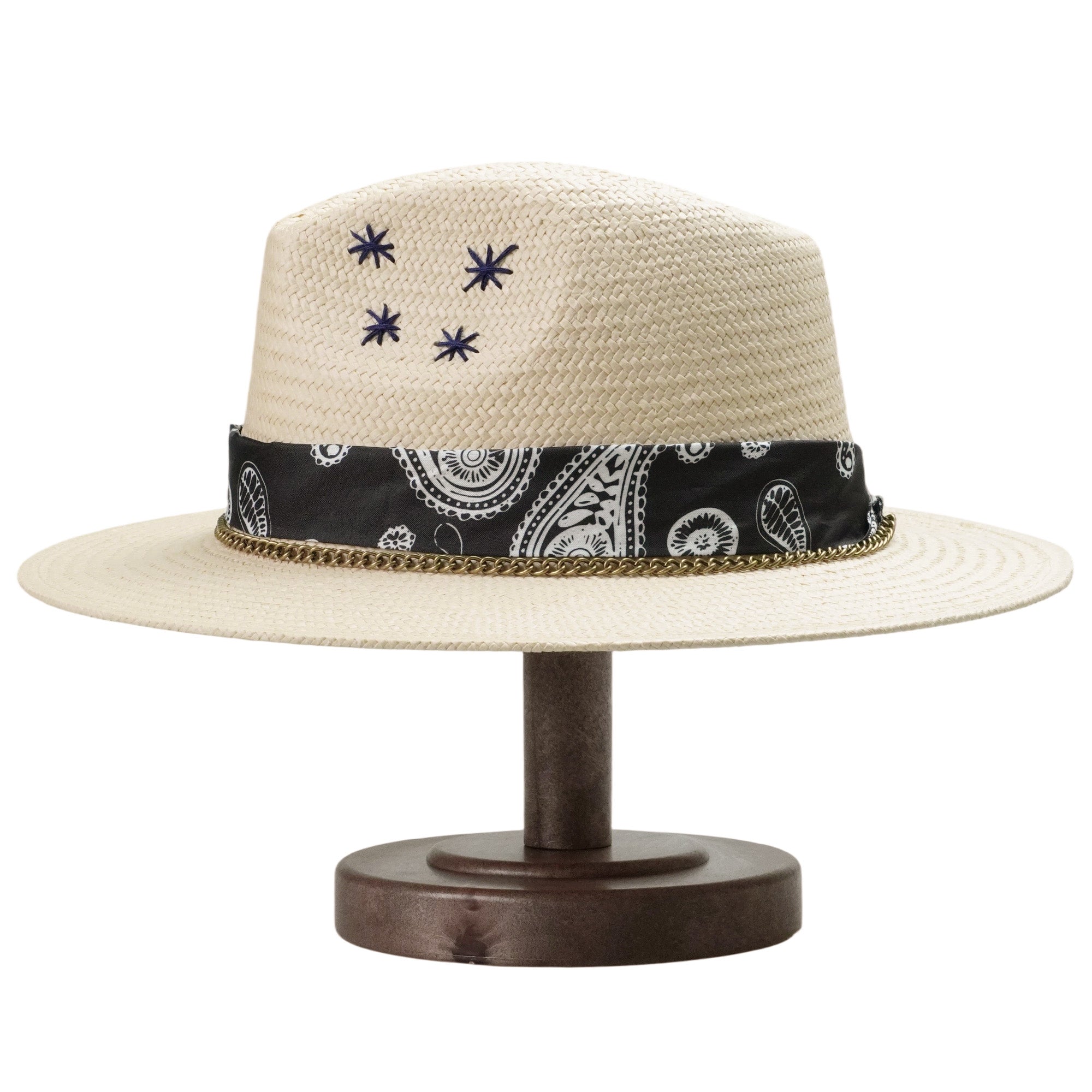 Beige Straw Hat - Classic Teardrop with Brass Chain Accent