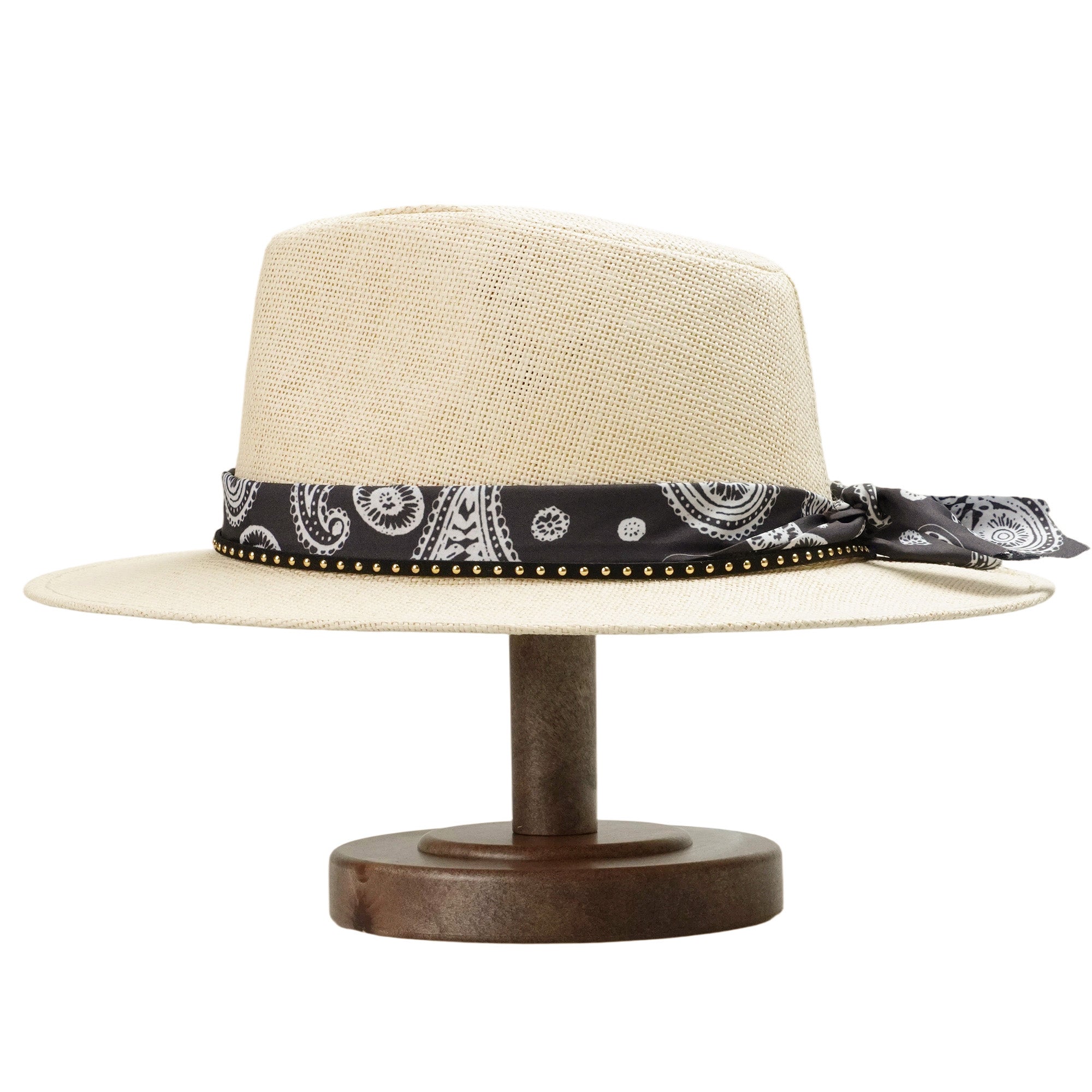 Off-White Straw Hat with Black & White Pattern Band