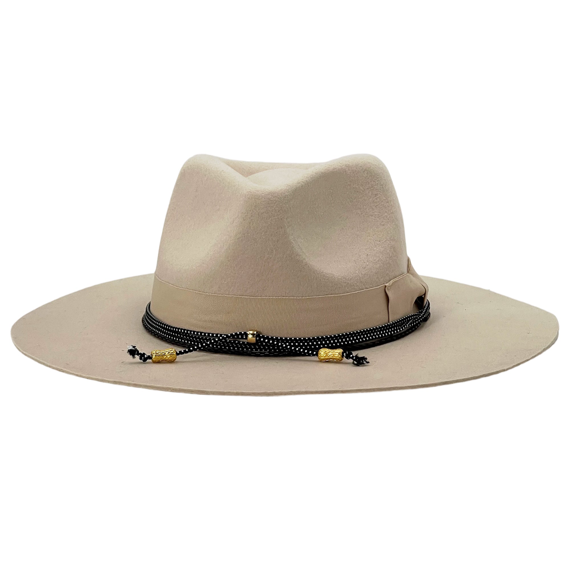 Beige Flat-Brim Hat – Custom Band & Metal Bead