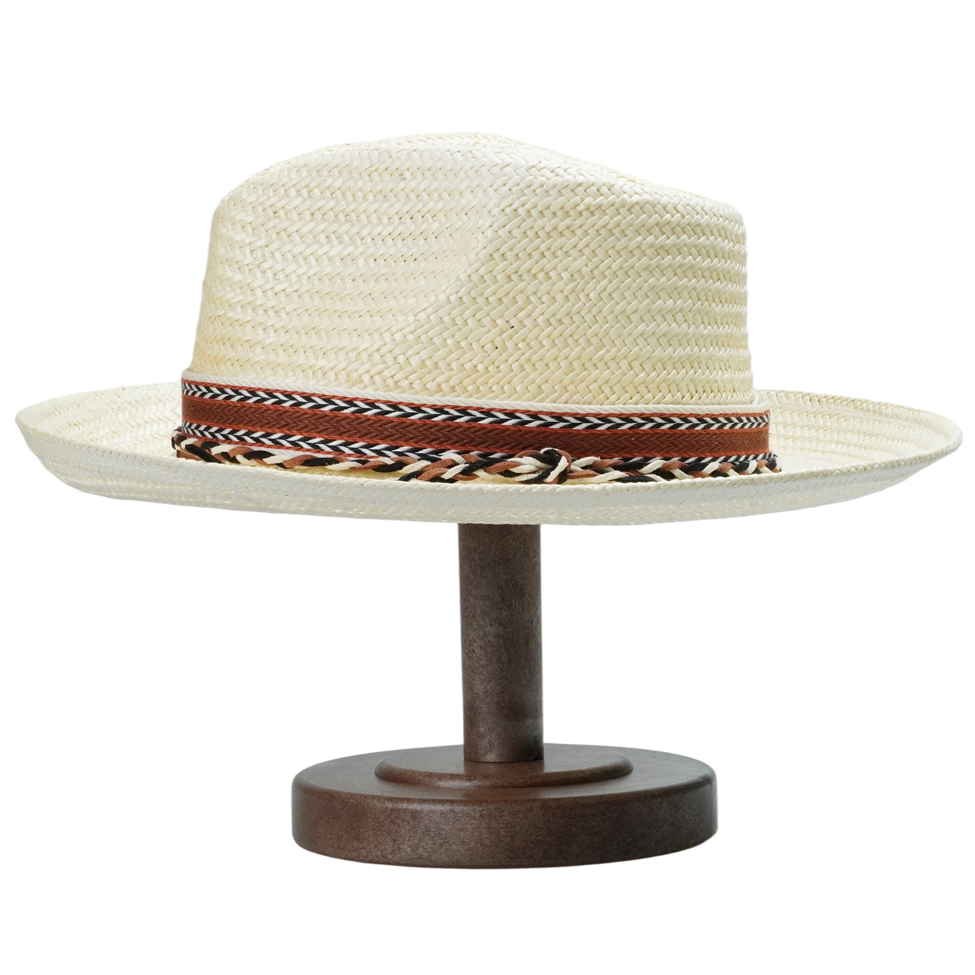Off-White Straw Hat with Woven Print Band & Three-Color Braid