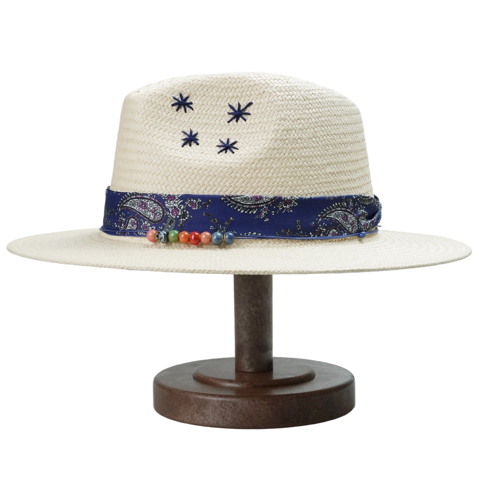 White Straw Hat with Blue Print Band & Colorful Beads