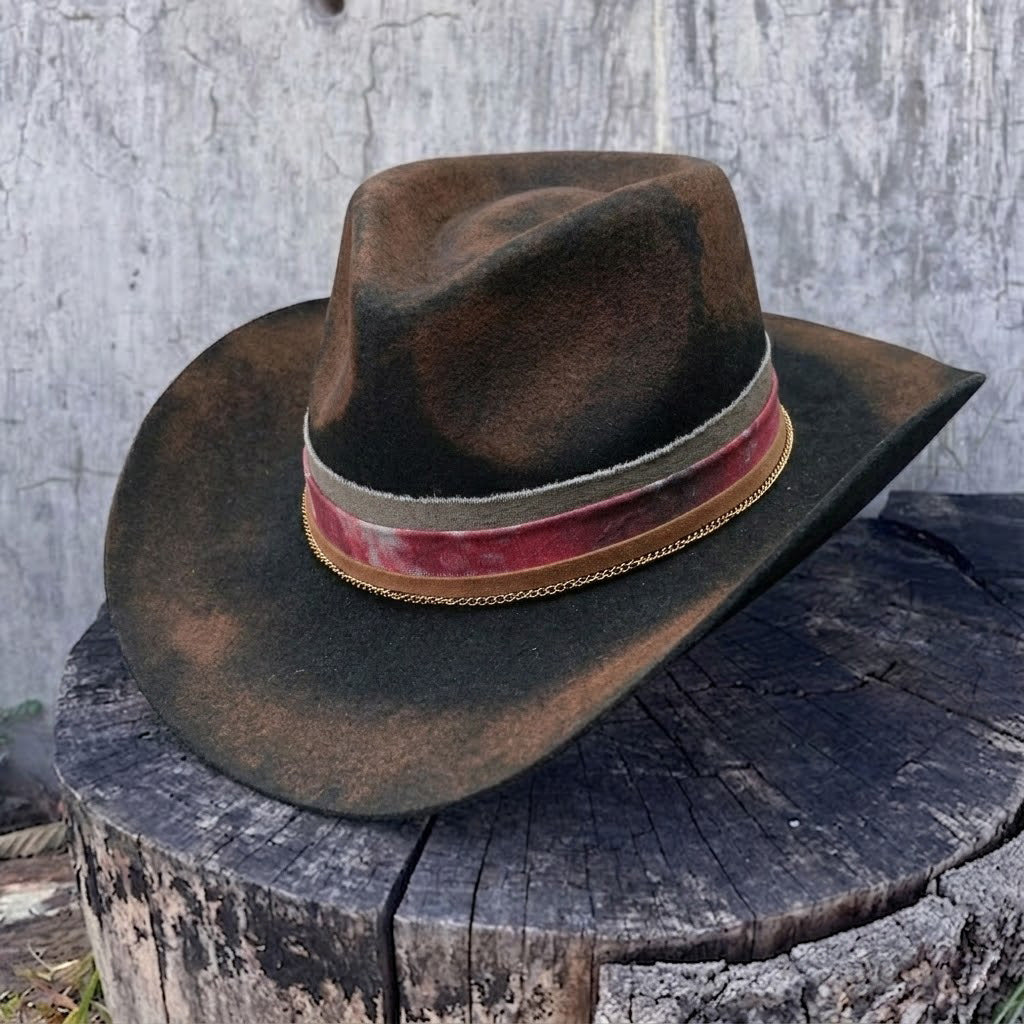 Black Rolled Brim Felt Hat with Gold Chain Band