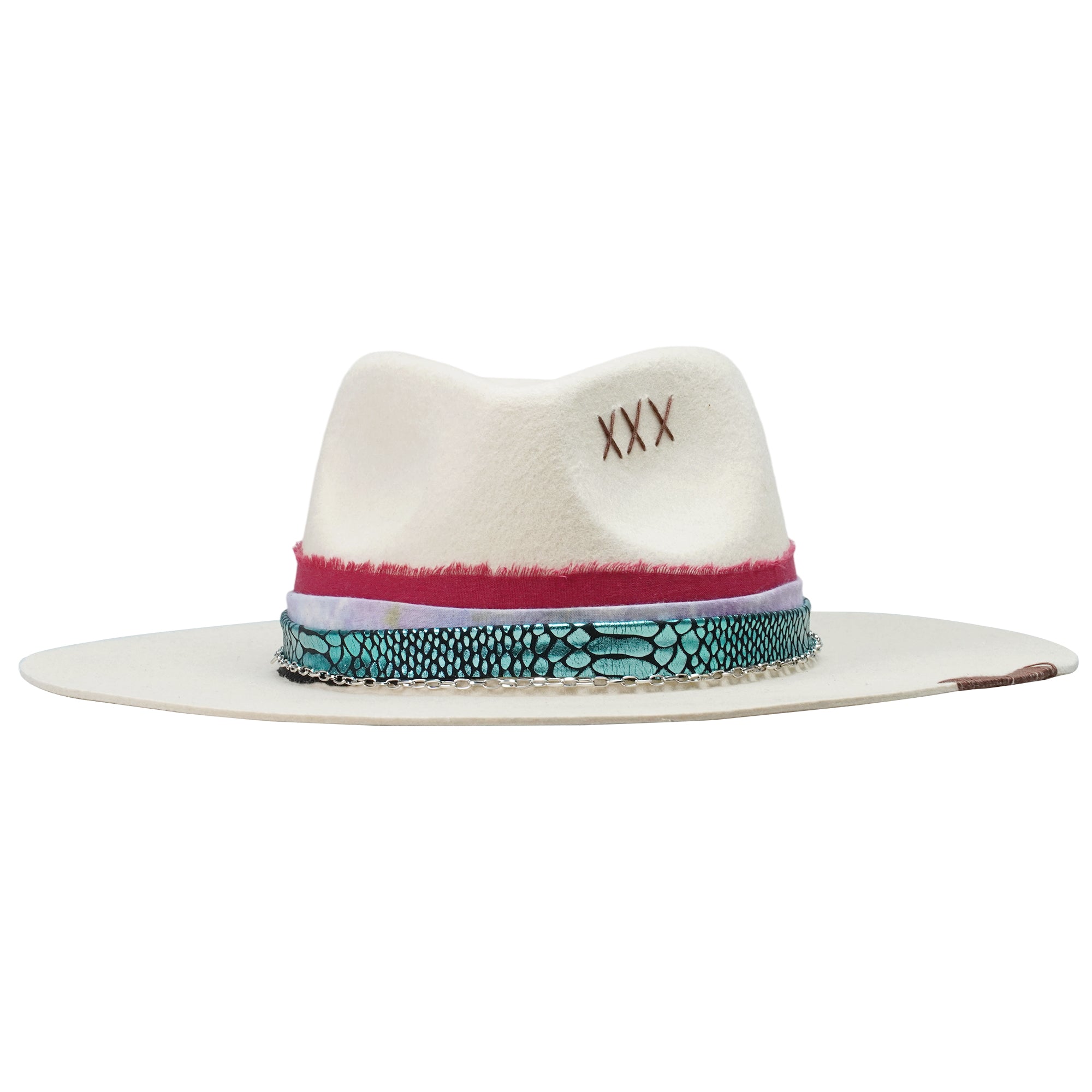 Off-White Felt Hat - Custom Green & Red Fabric Strap