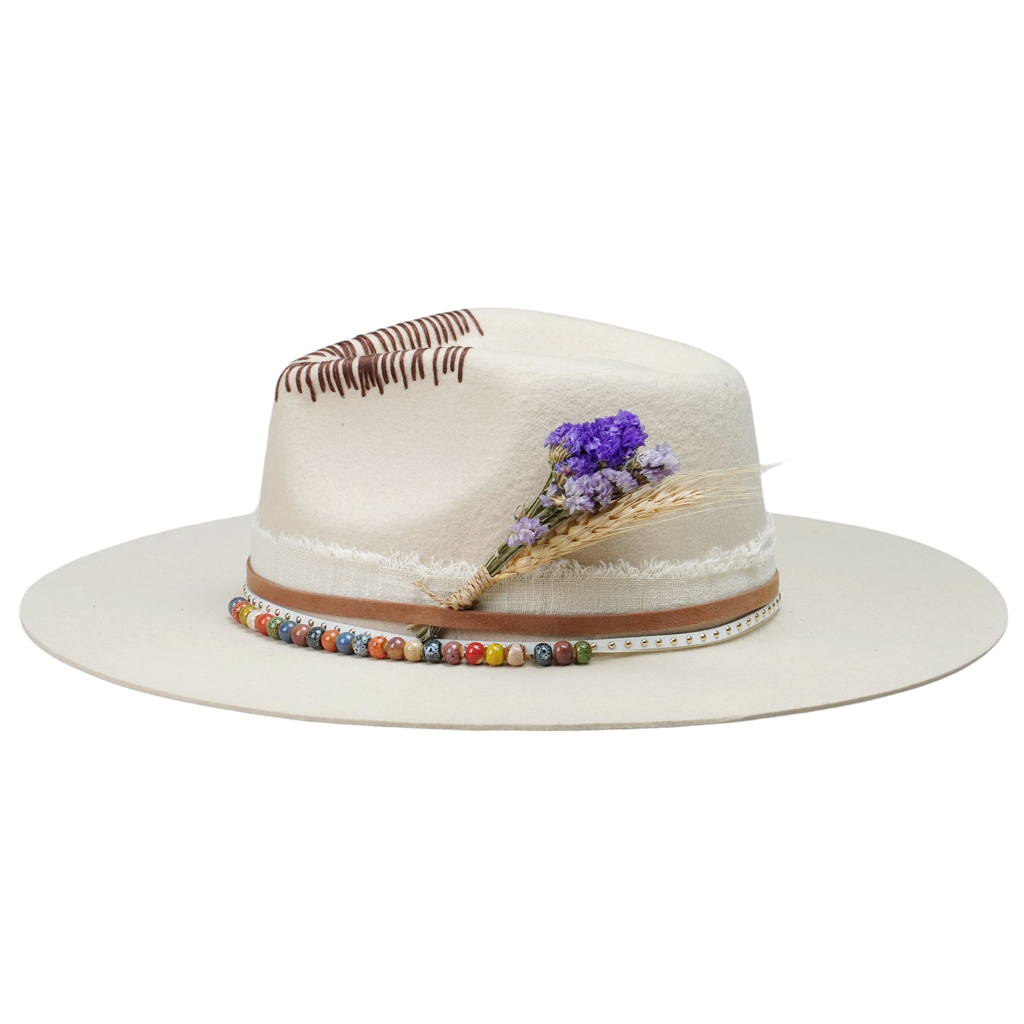 Cream Straight Brim Hat - Beaded Band & Stitching Detail