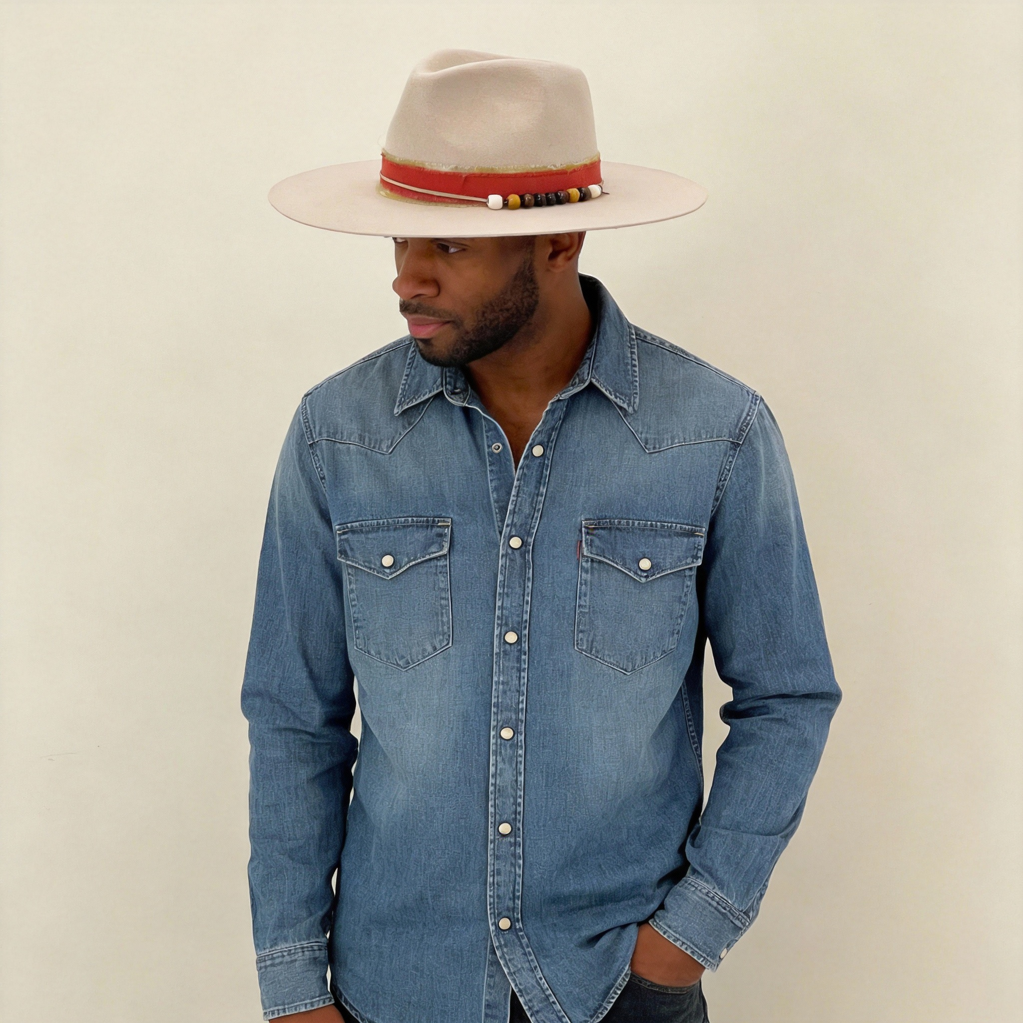 Beige Wide-Brim Felt Hat – Beaded Band