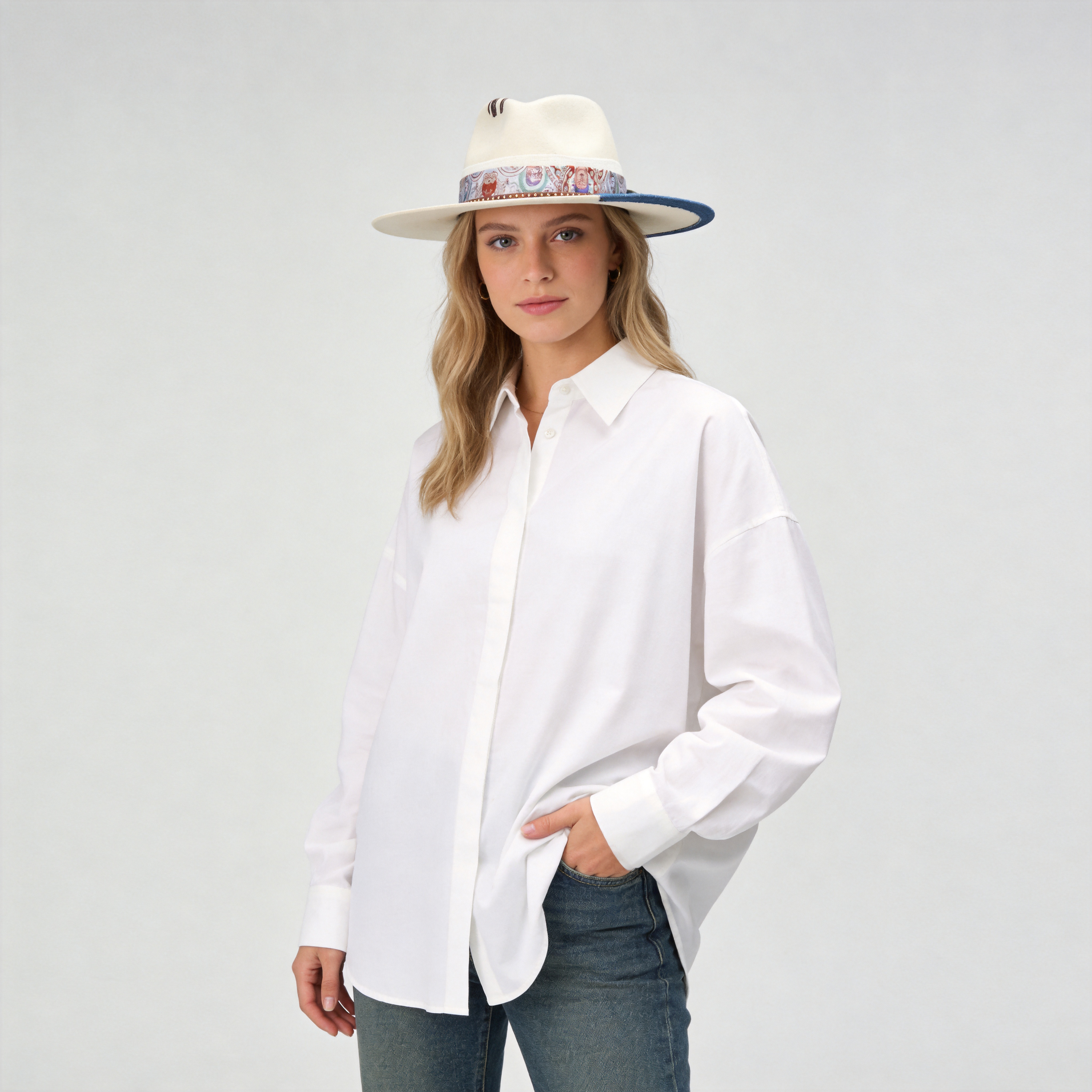 Women Off-White Felt Hat - Custom Patterned Fabric Strap