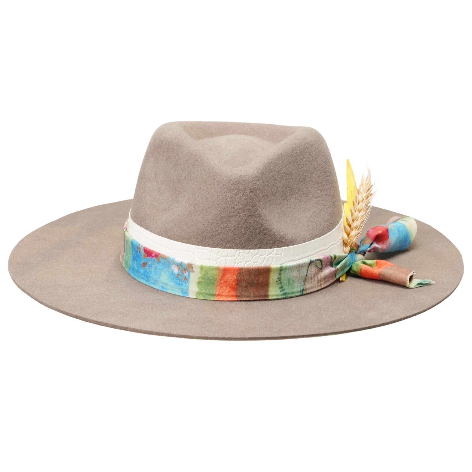 Camel Felt Hat - Custom Fabric with Wheat & Feathers