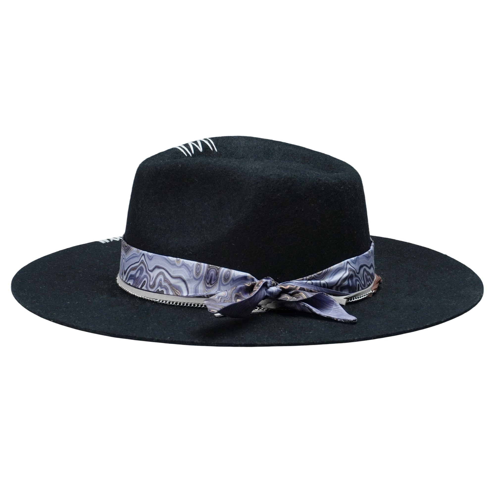 Black Straight Brim Felt Hat with Gray Cord & Stitching