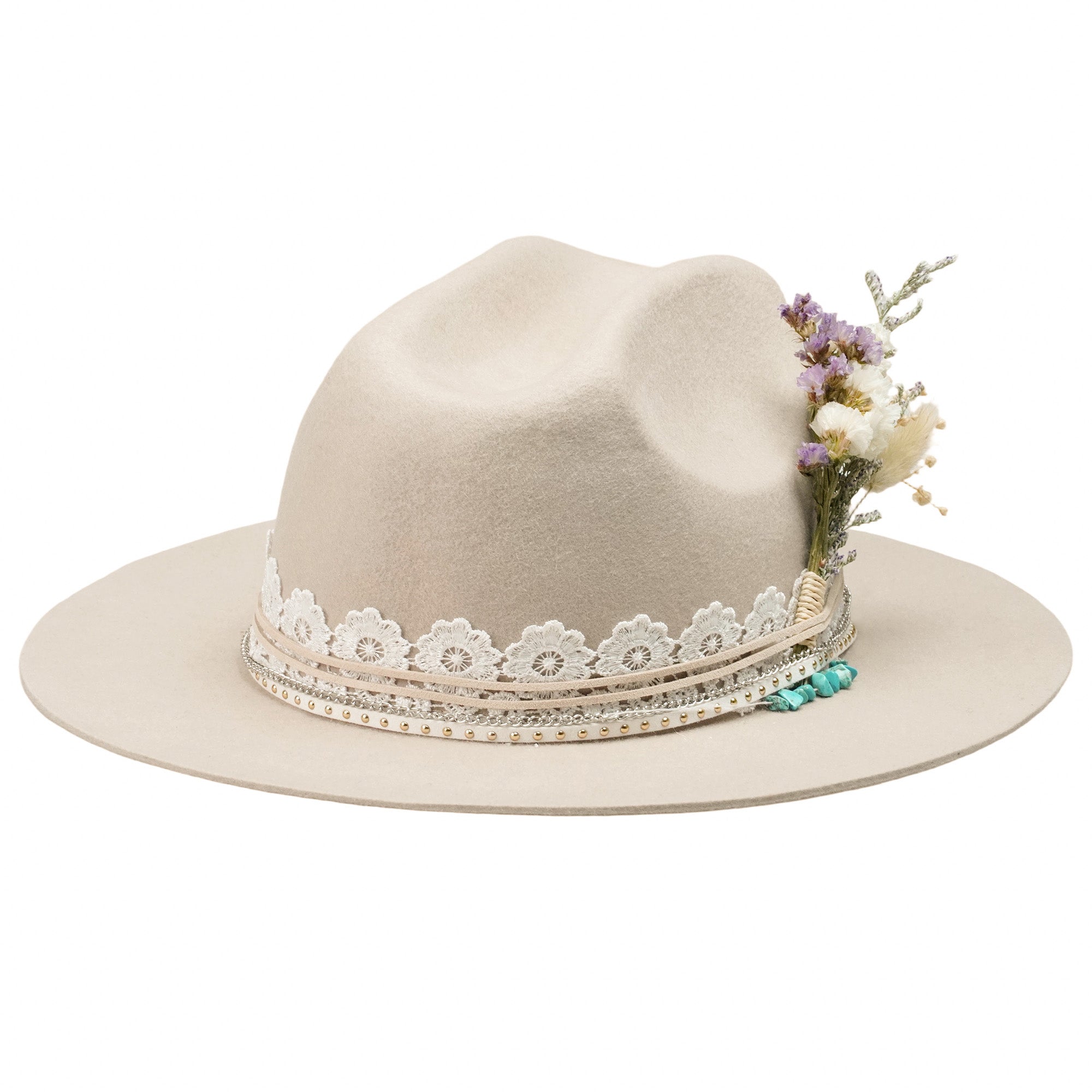 Cream Felt Hat - Turquoise & Lace Western Style