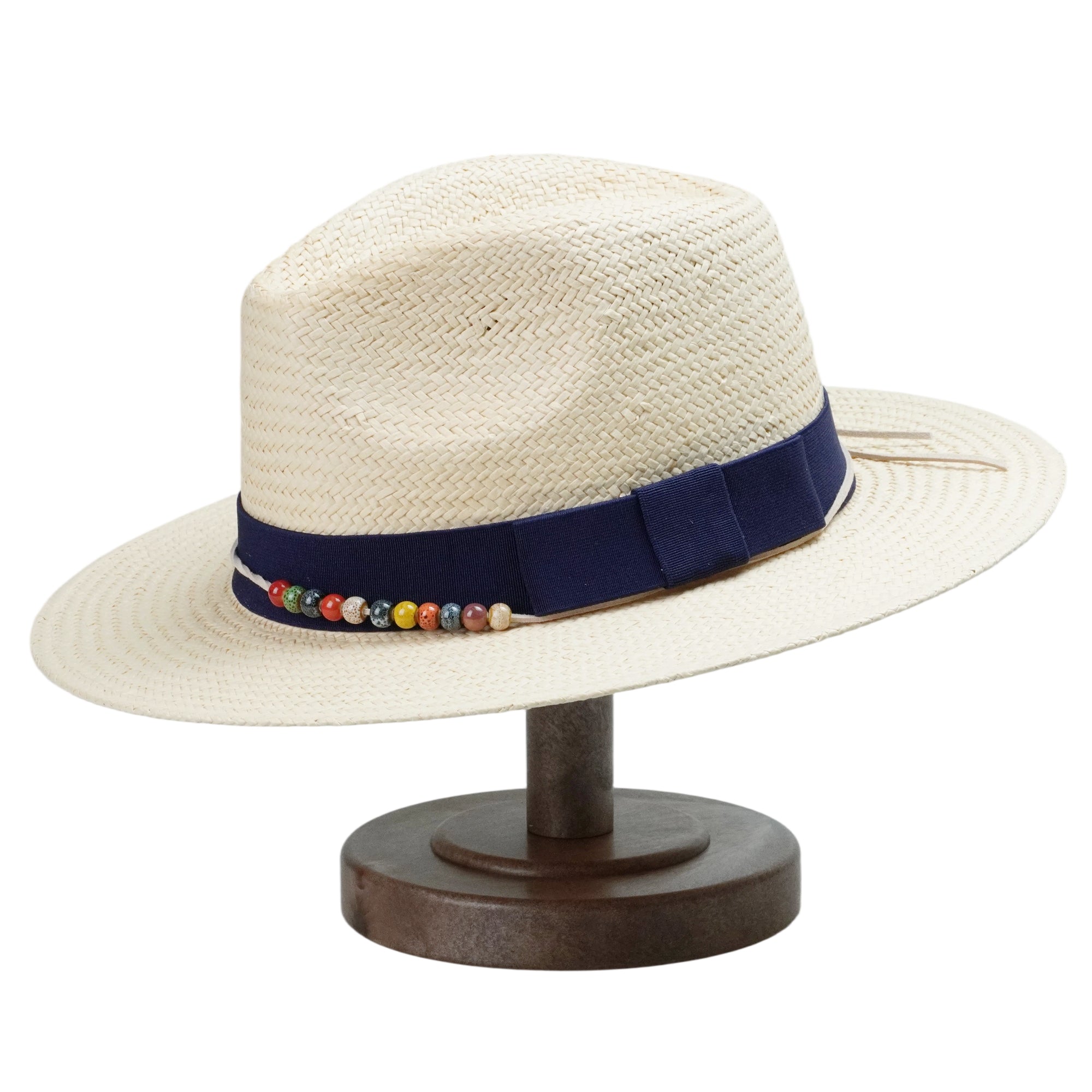 Beige Straw Hat with Dark Blue Wide Band & Colorful Beads