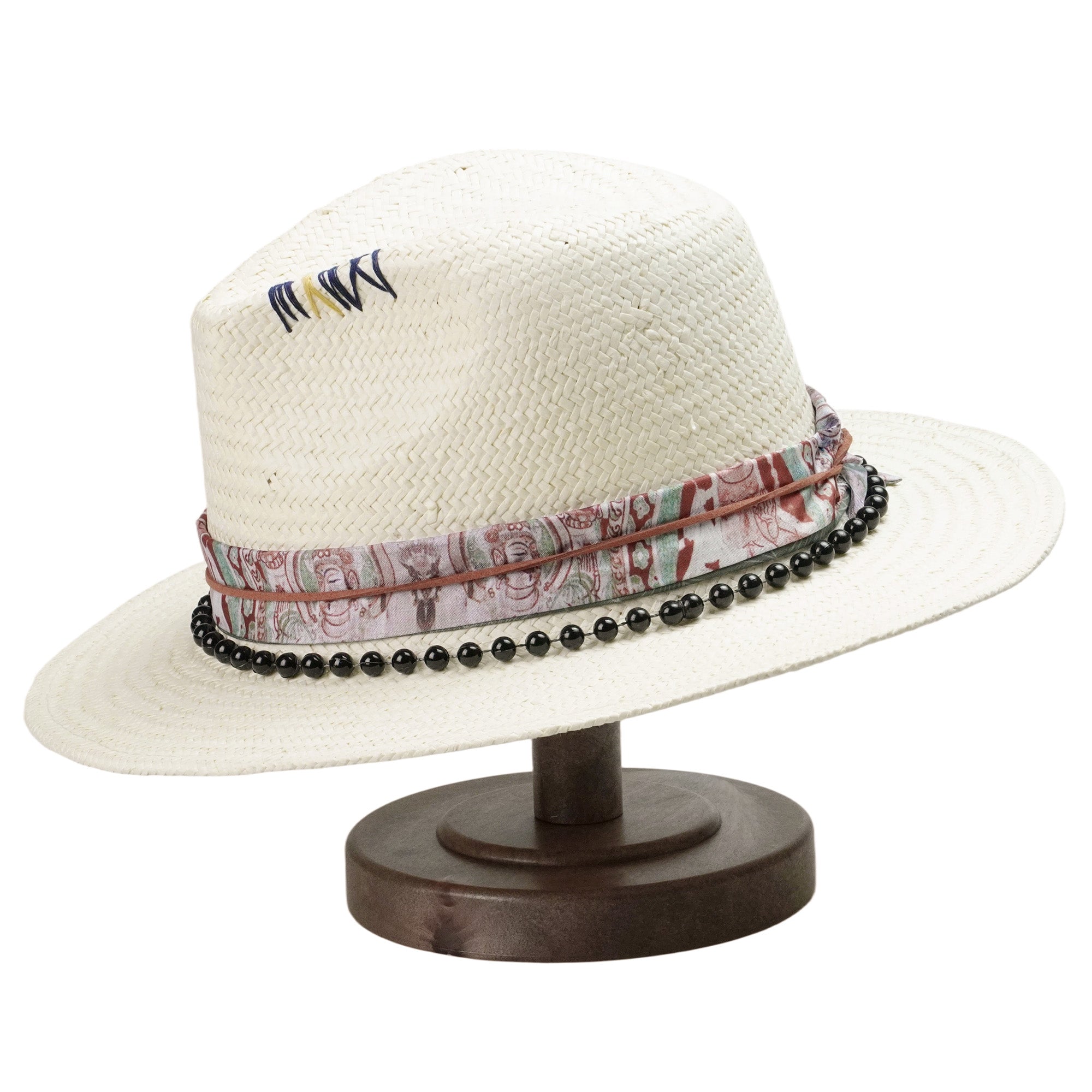 White Straw Hat with Printed Band & Black Beads