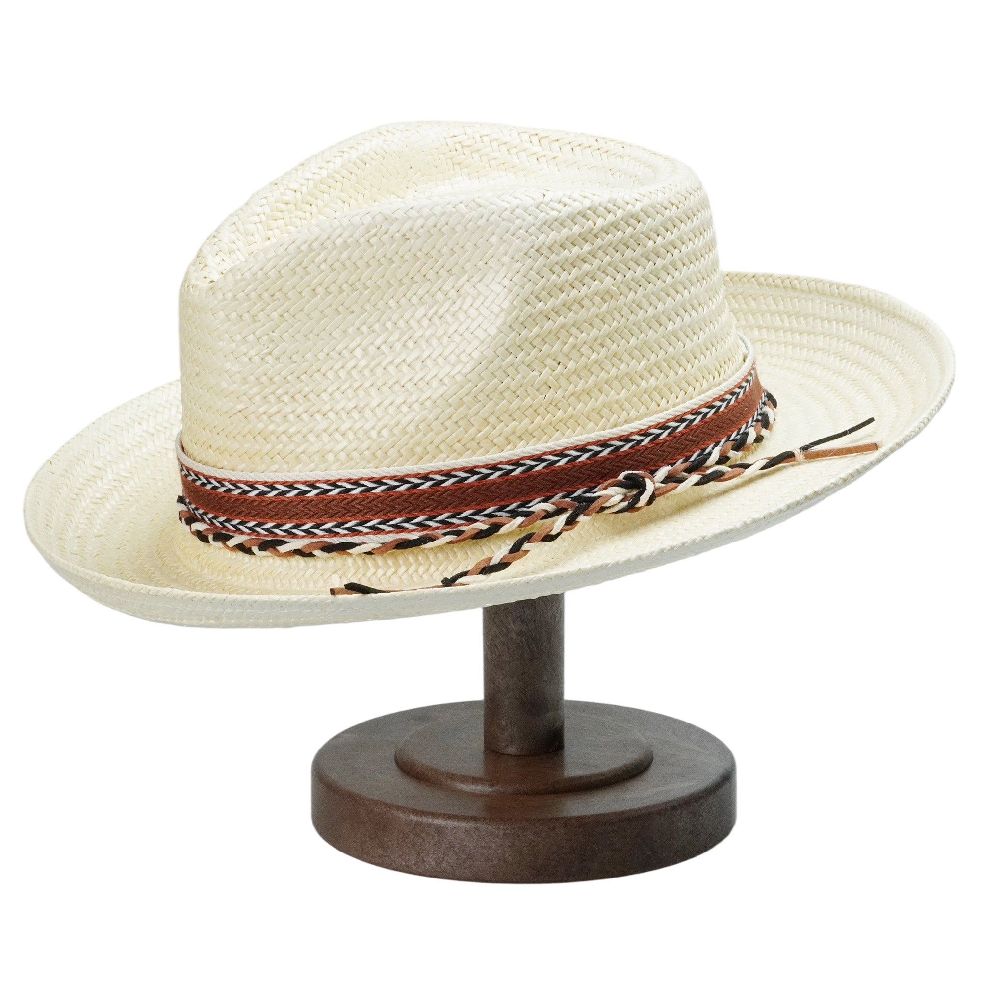 Off-White Straw Hat with Woven Print Band & Three-Color Braid