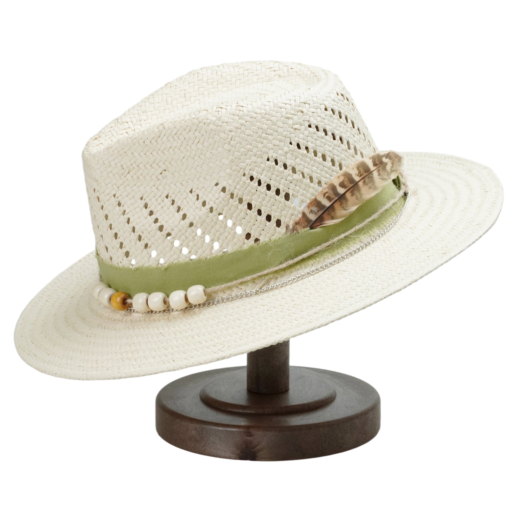 Off-White Straw Hat with Green Fabric Band & Silver Chain