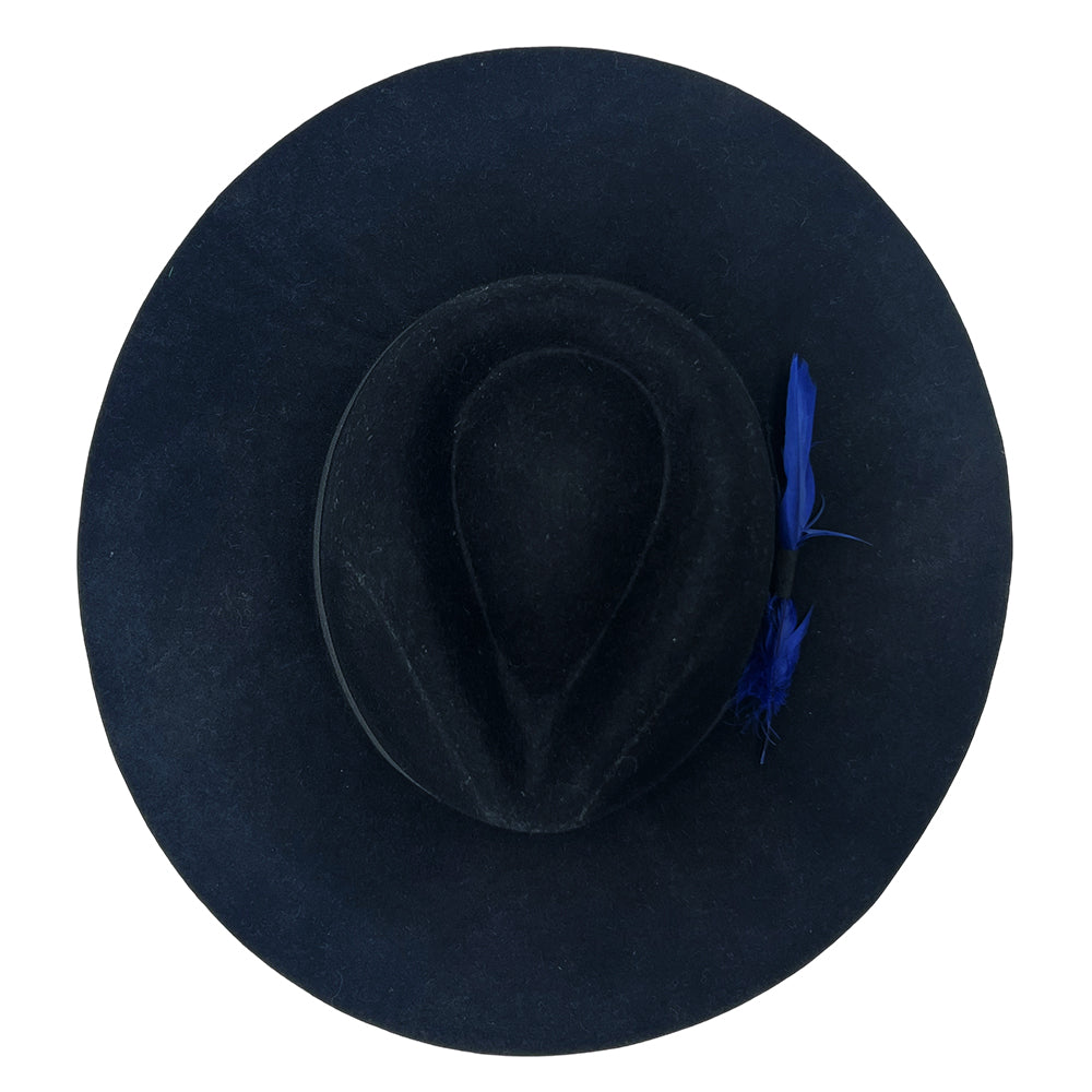 Midnight Black Flat-Brim – Blue Feather Accent