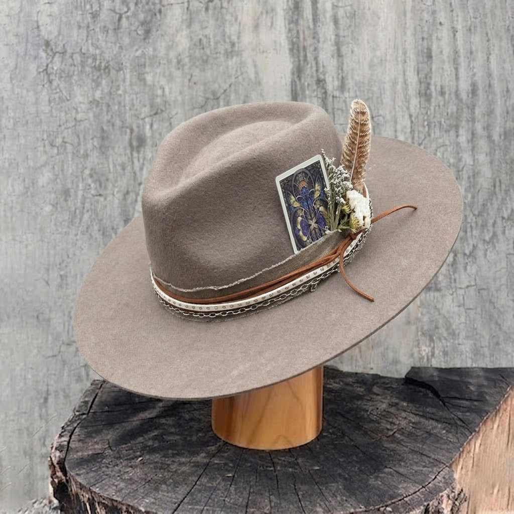 Camel Felt Fedora with Card & Feather Bouquet