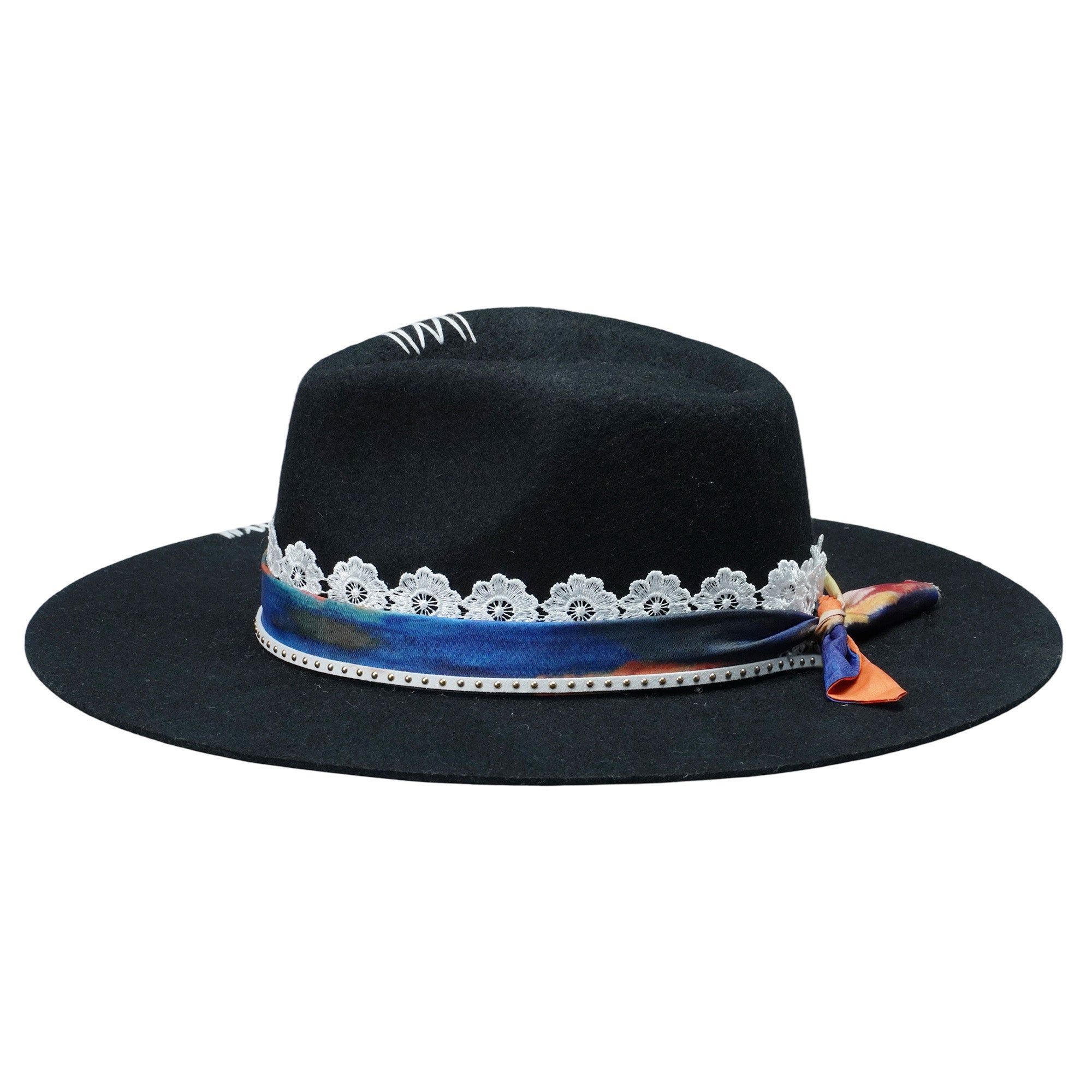 Black Straight Brim Felt Hat with Lace & Artistic Band