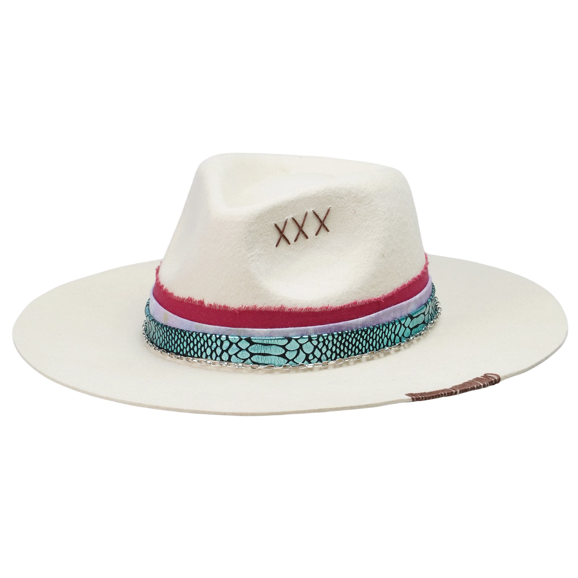 Off-White Felt Hat - Custom Green & Red Fabric Strap