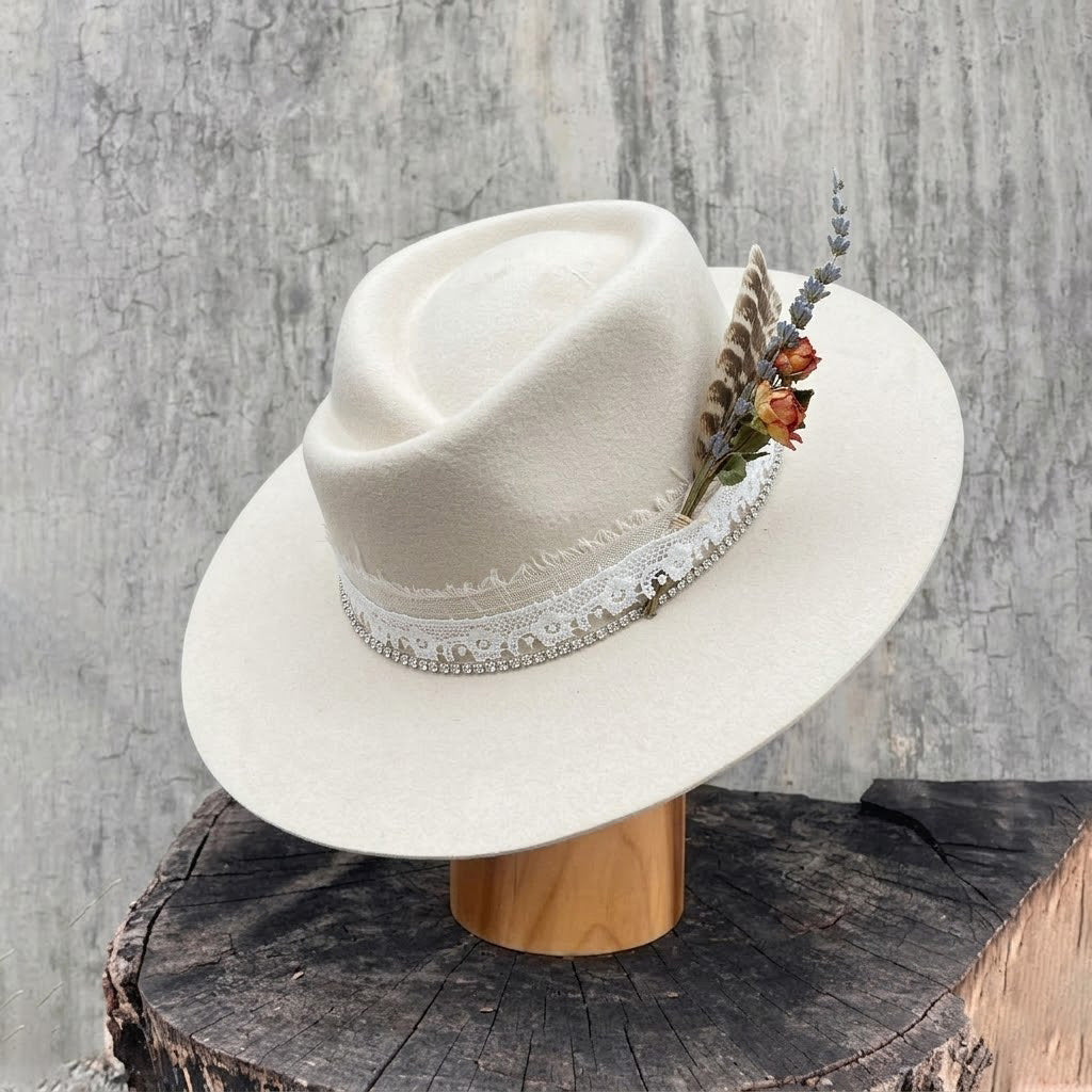 Cream Felt Fedora with Lace Band & Diamond Chain