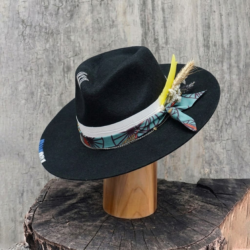 Black Straight Brim Felt Hat with Floral & Croc Band