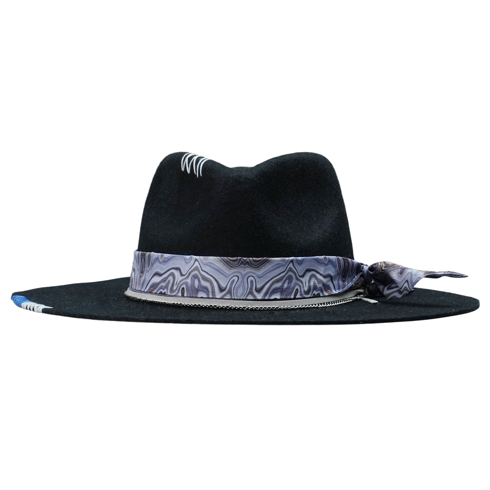 Black Straight Brim Felt Hat with Gray Cord & Stitching