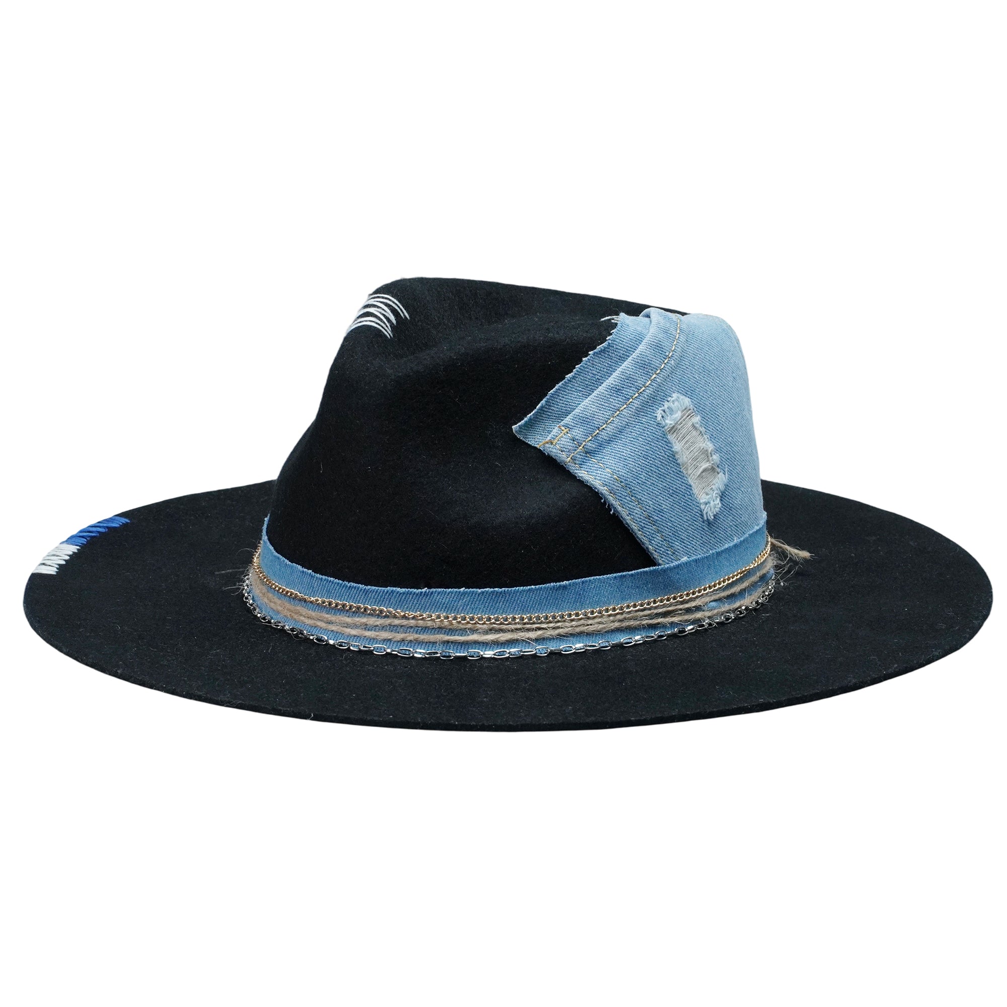 Teardrop Fedora - Black with Denim Stitching