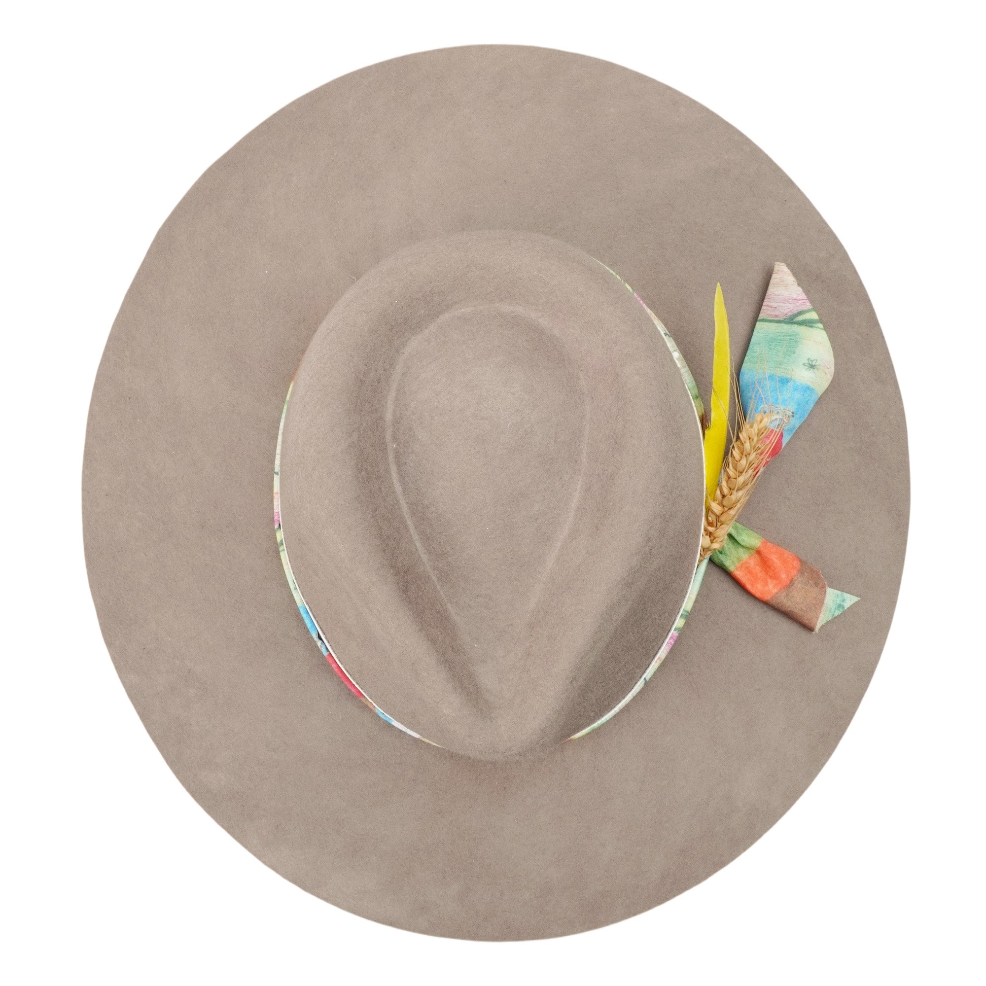 Camel Felt Hat - Custom Fabric with Wheat & Feathers