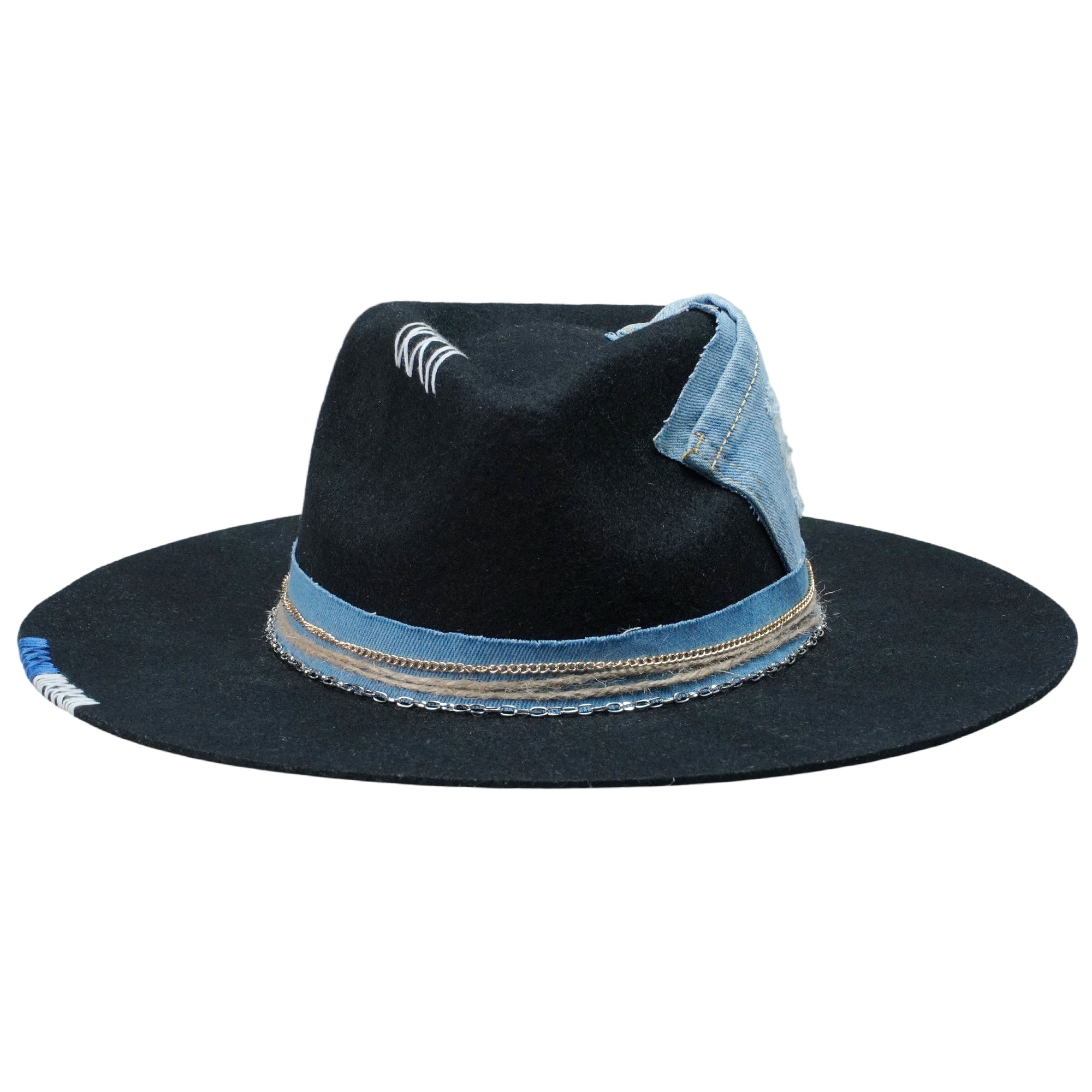 Teardrop Fedora - Black with Denim Stitching