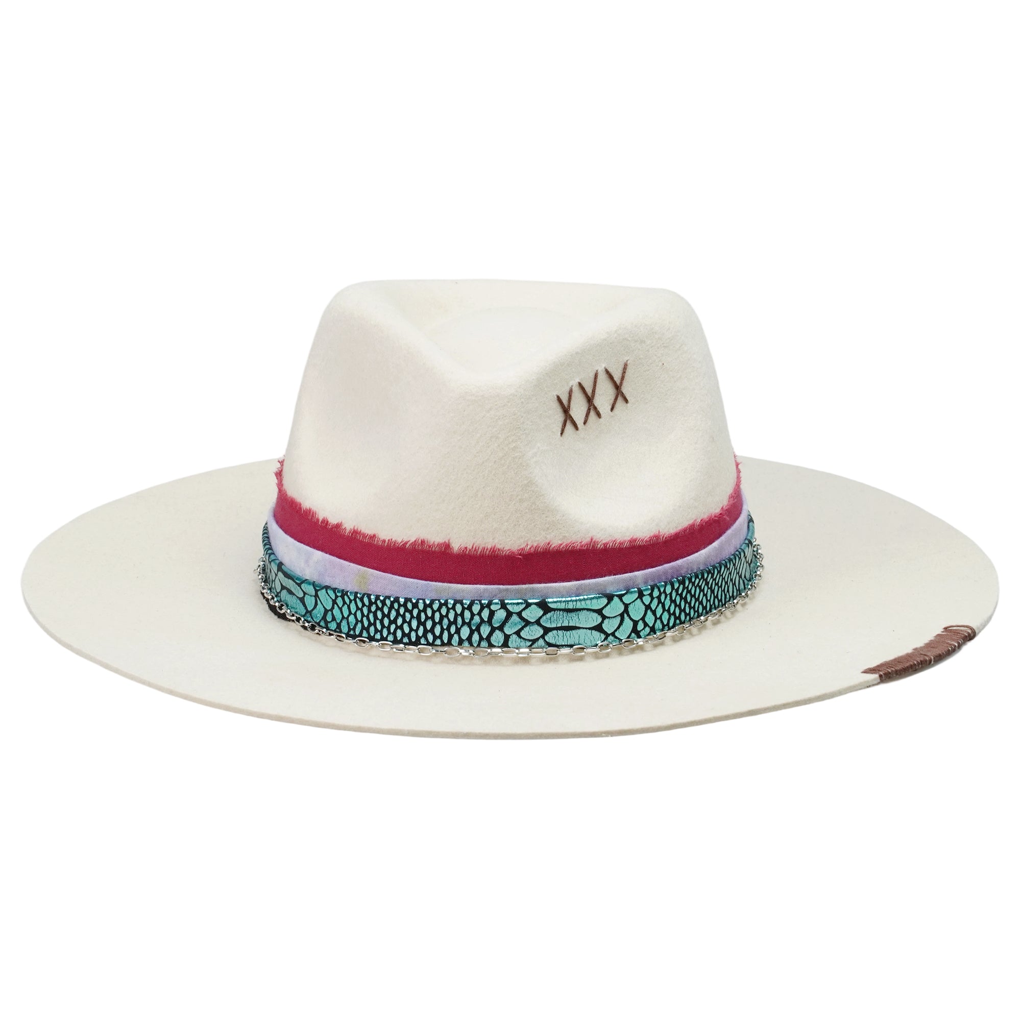 Off-White Felt Hat - Custom Green & Red Fabric Strap