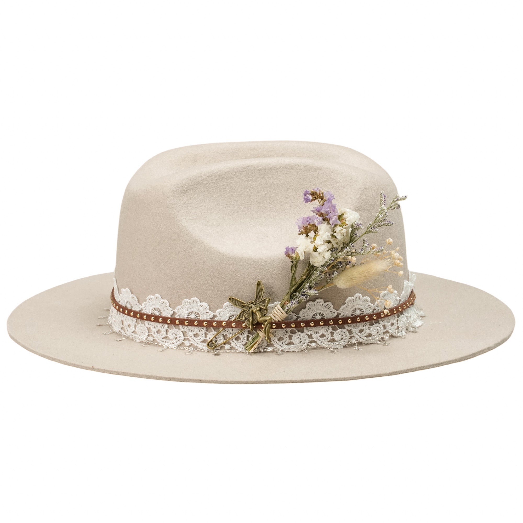 Cream Felt Hat - Star Chain & Bronze Yellow Pin