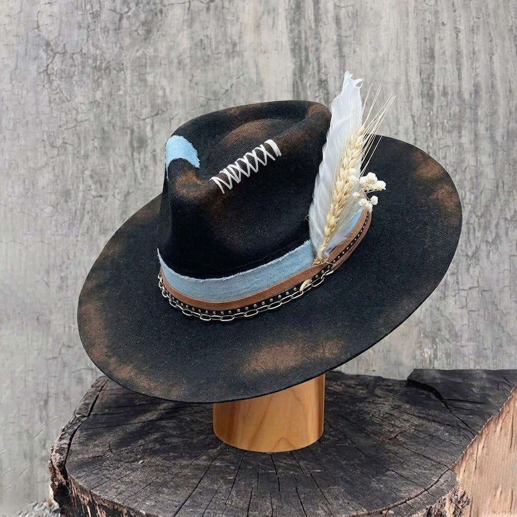 Gothic Felt Fedora with Silver Chain & Dried Flowers