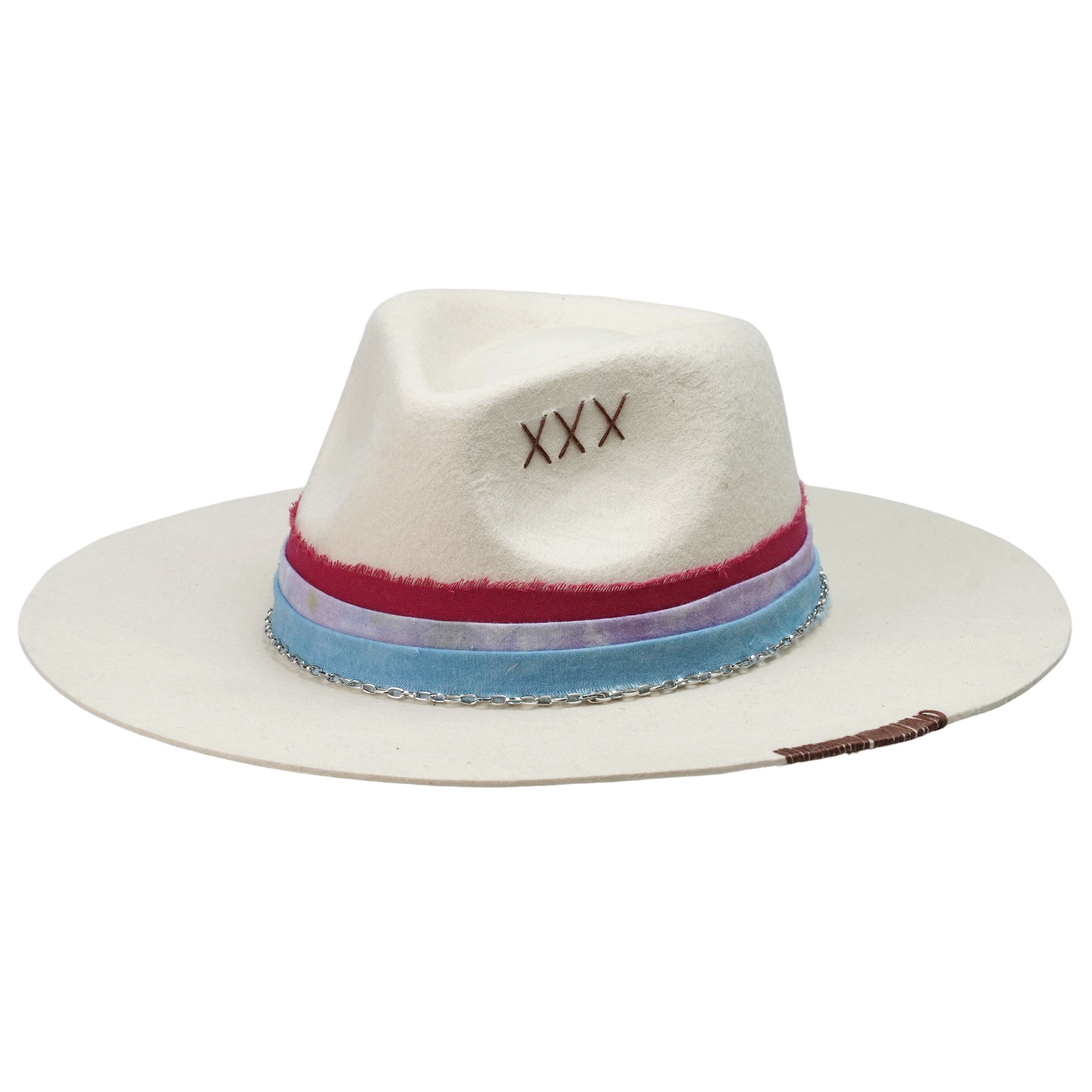 Off-White Straight Brim Felt Hat with Silver Chain