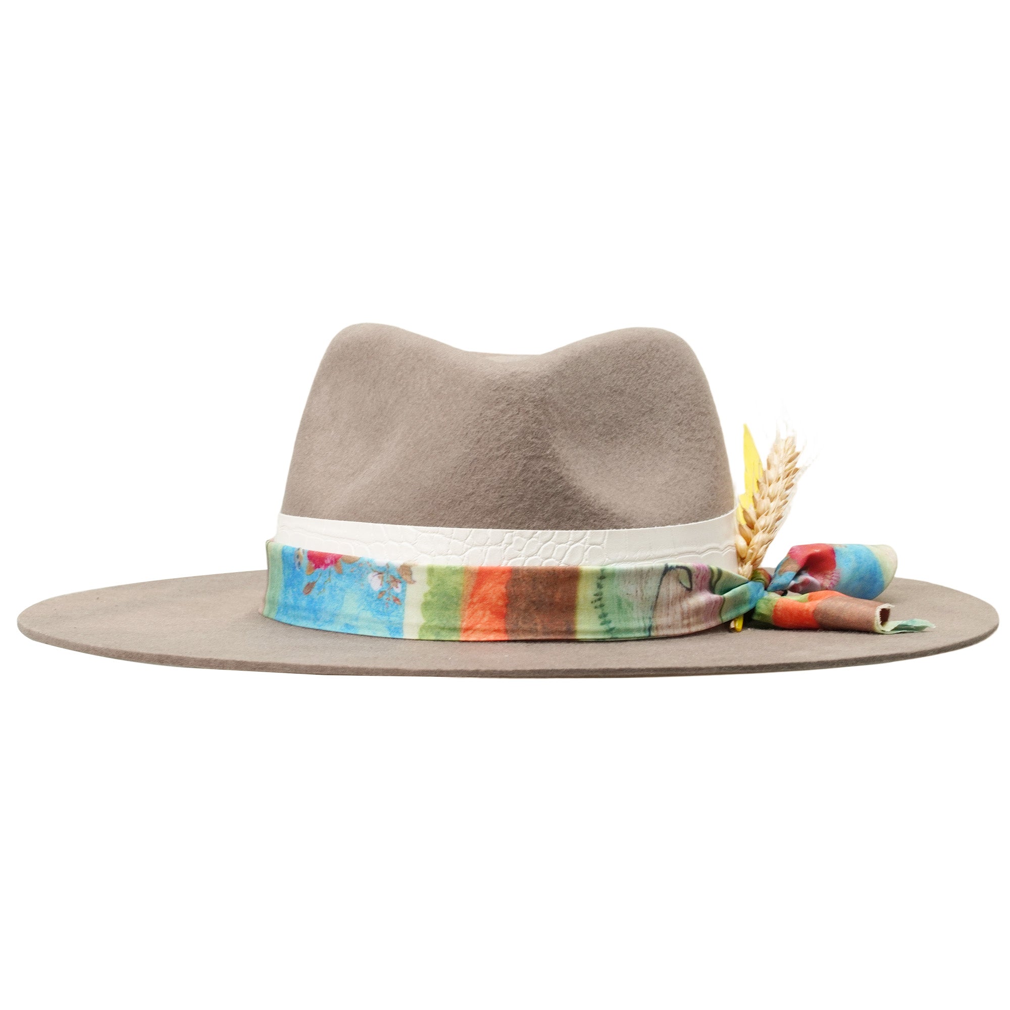 Camel Felt Hat - Custom Fabric with Wheat & Feathers