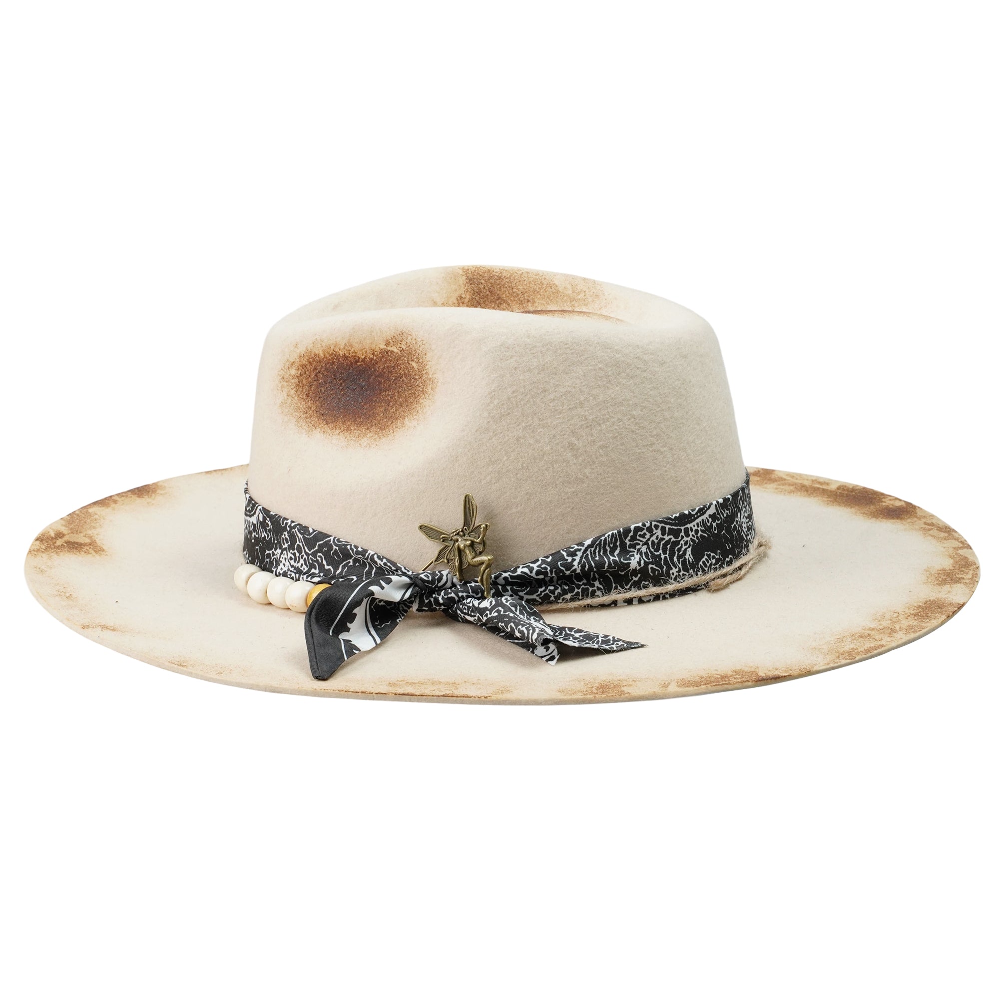 Straight-Brim Felt Hat – Beaded Band, Vintage Metal Pin