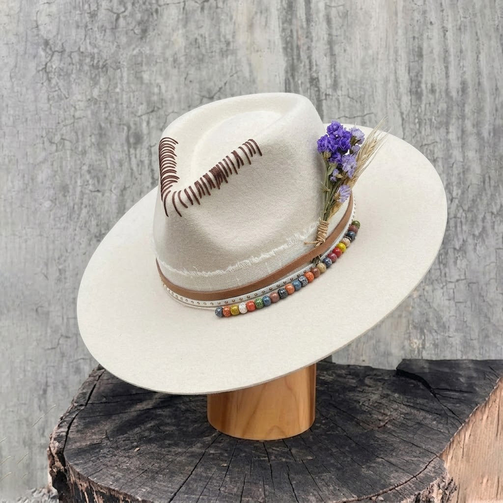 Cream Straight Brim Hat - Beaded Band & Stitching Detail