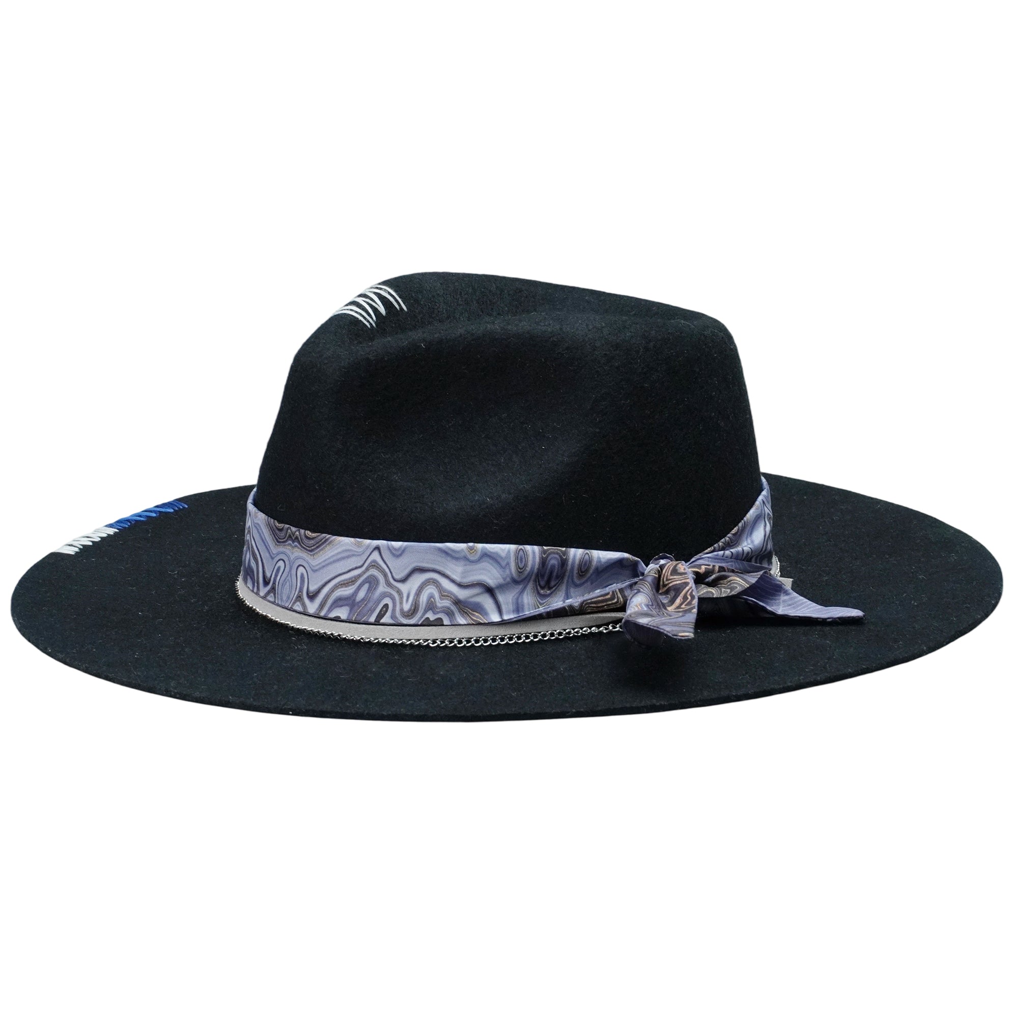 Black Straight Brim Felt Hat with Gray Cord & Stitching
