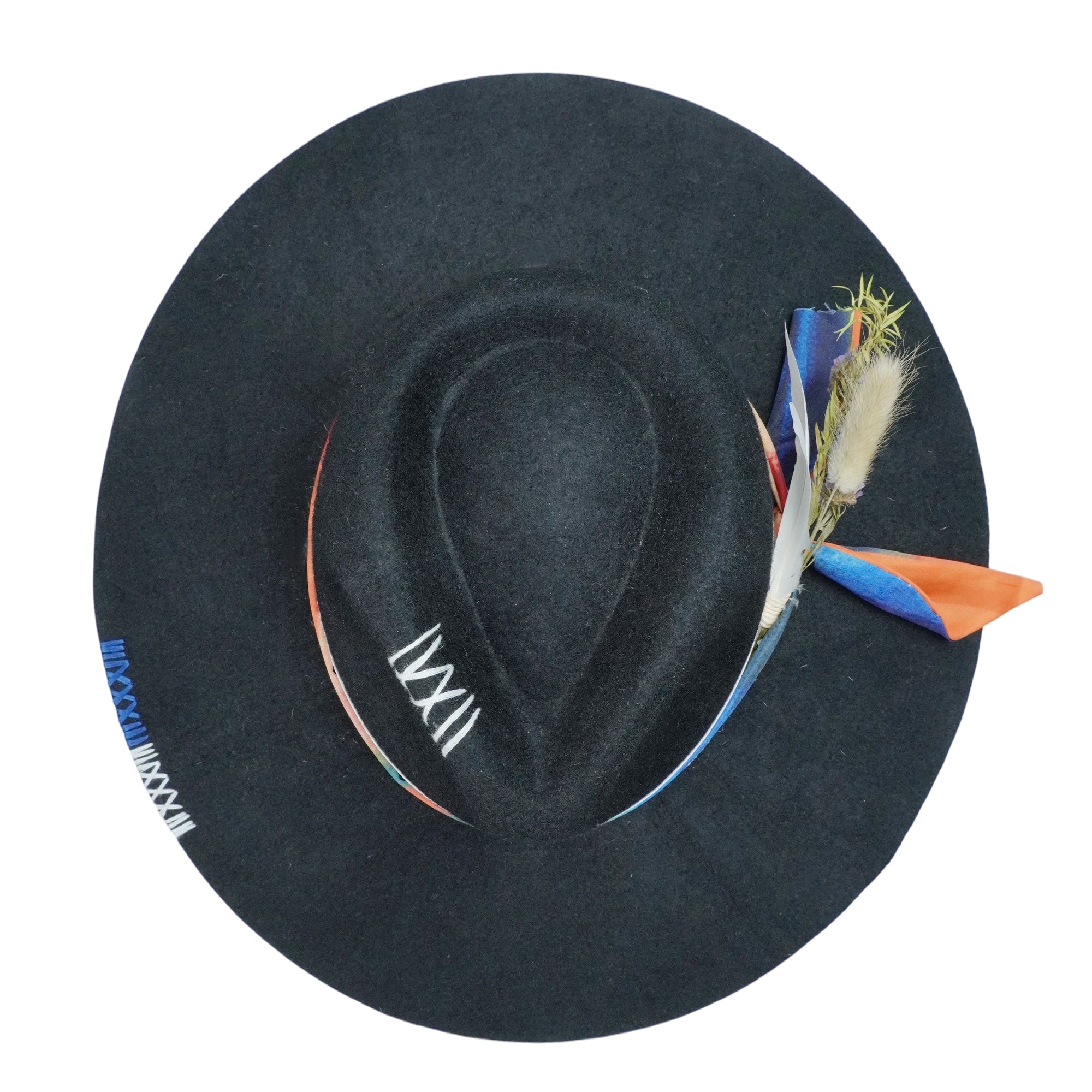 Black Felt Hat - Stitched Detail with Art Fabric Strap