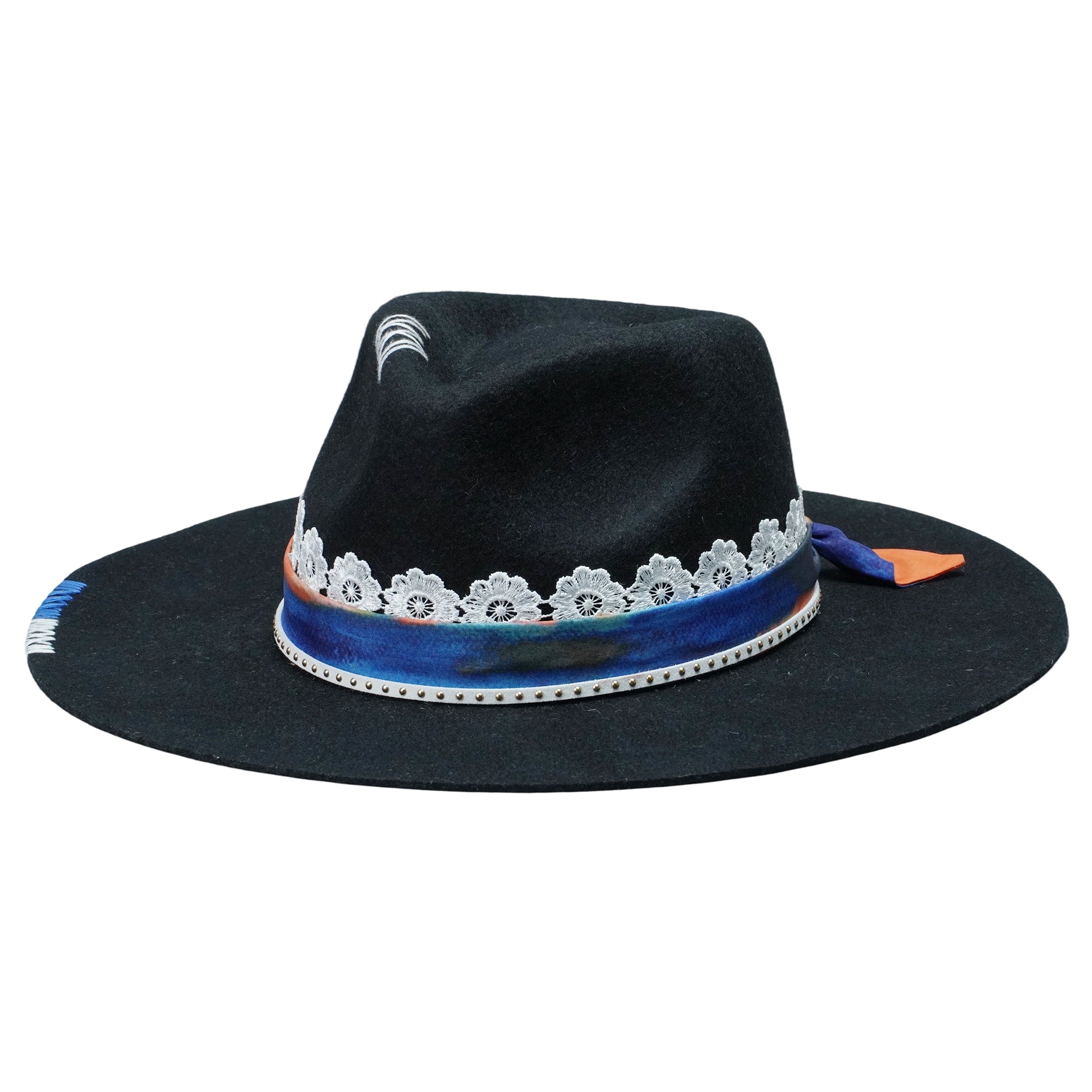 Black Straight Brim Felt Hat with Lace & Artistic Band