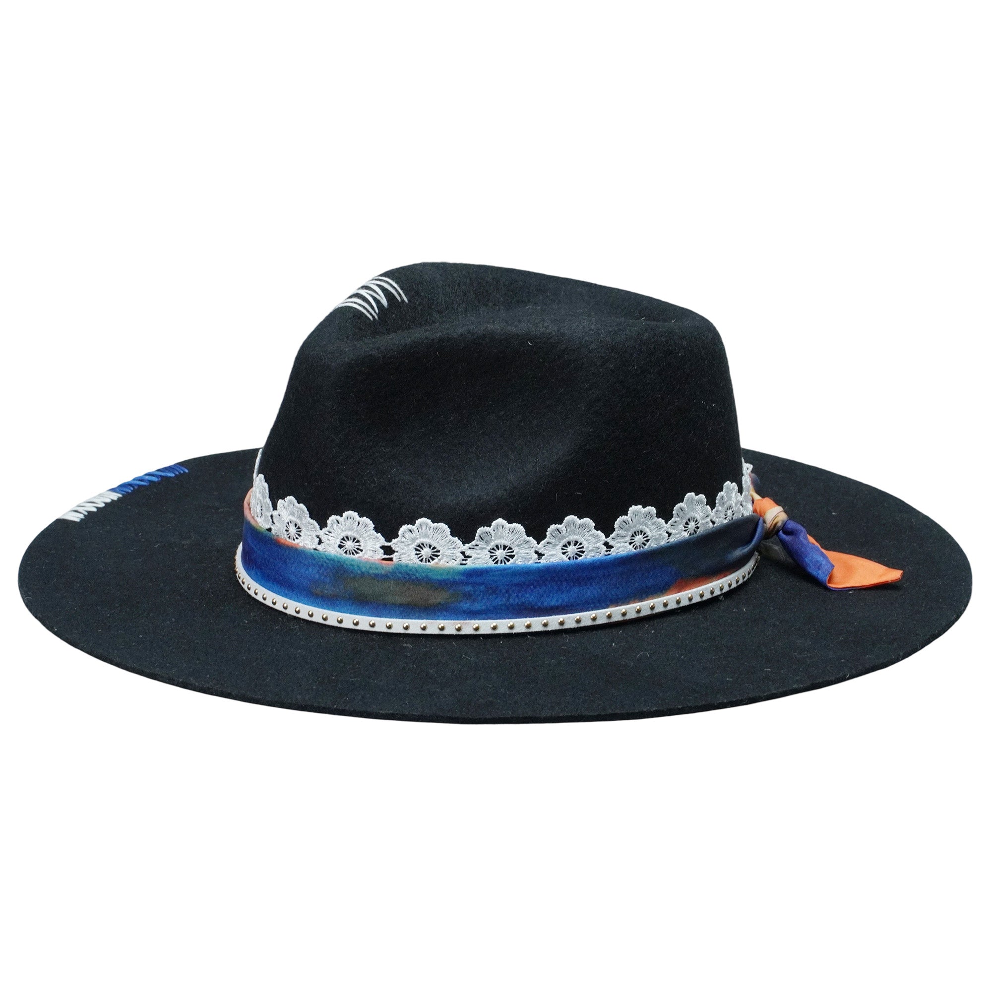 Black Straight Brim Felt Hat with Lace & Artistic Band