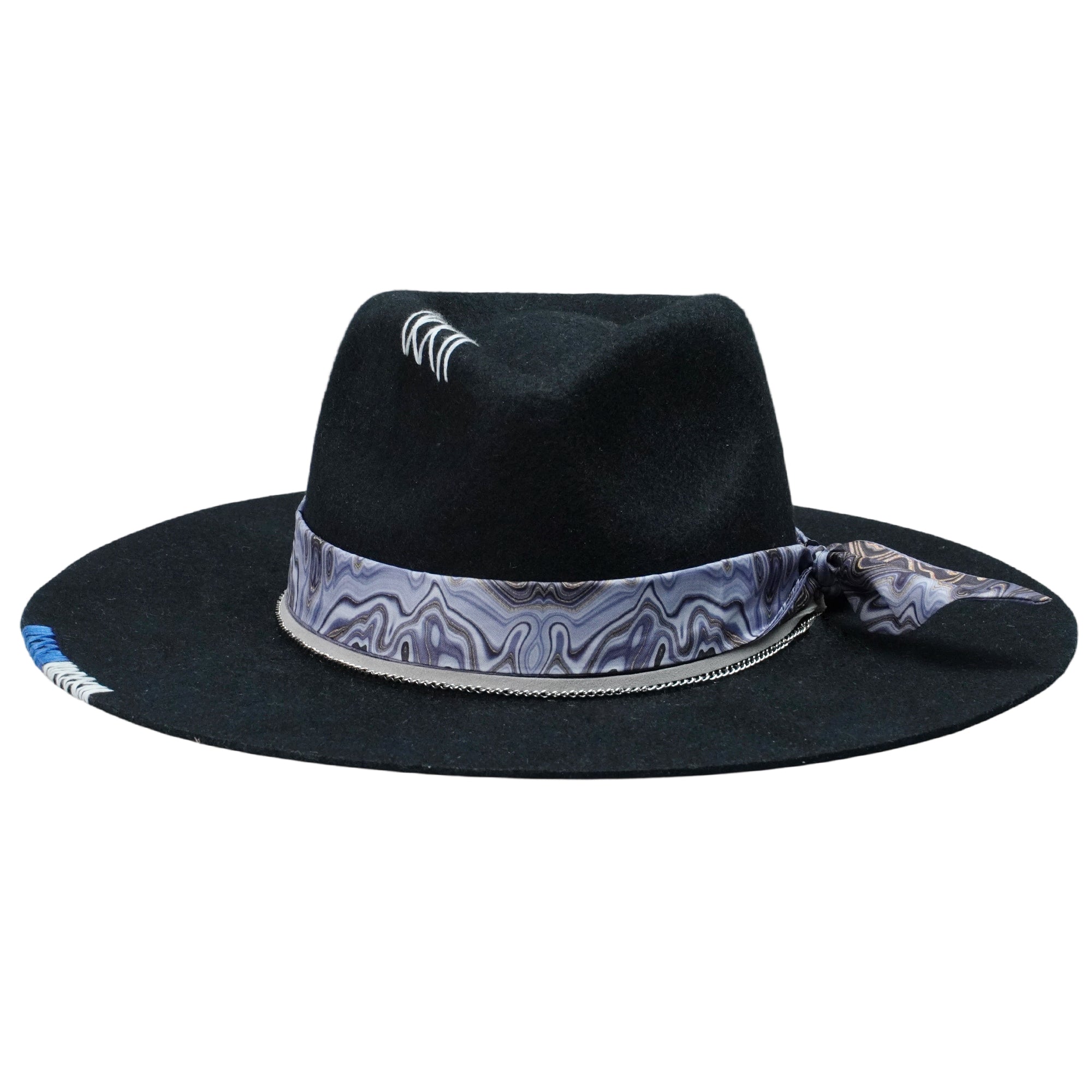 Black Straight Brim Felt Hat with Gray Cord & Stitching